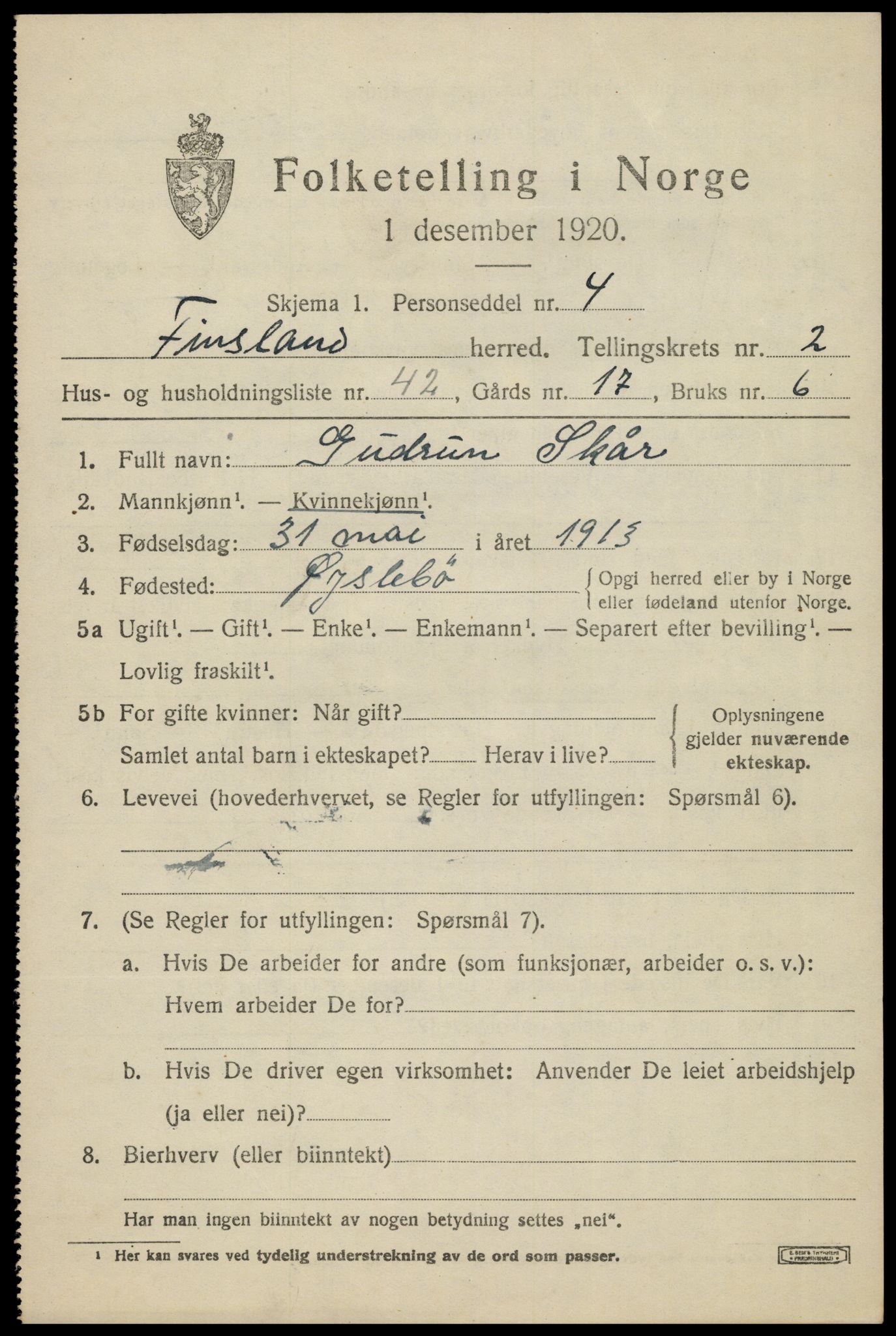 SAK, 1920 census for Finsland, 1920, p. 1176