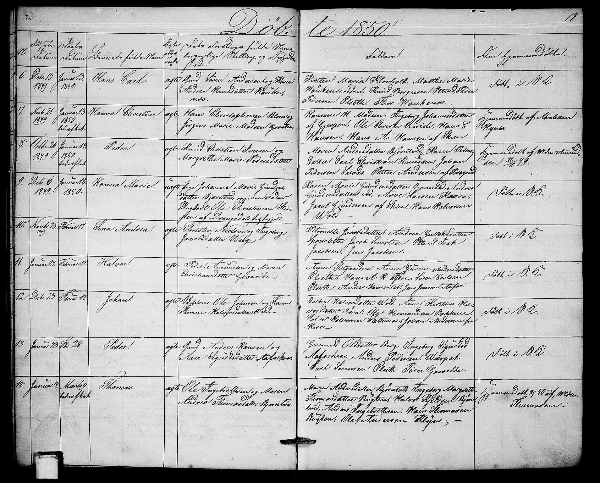 Solum kirkebøker, SAKO/A-306/G/Ga/L0003: Parish register (copy) no. I 3, 1848-1859, p. 14