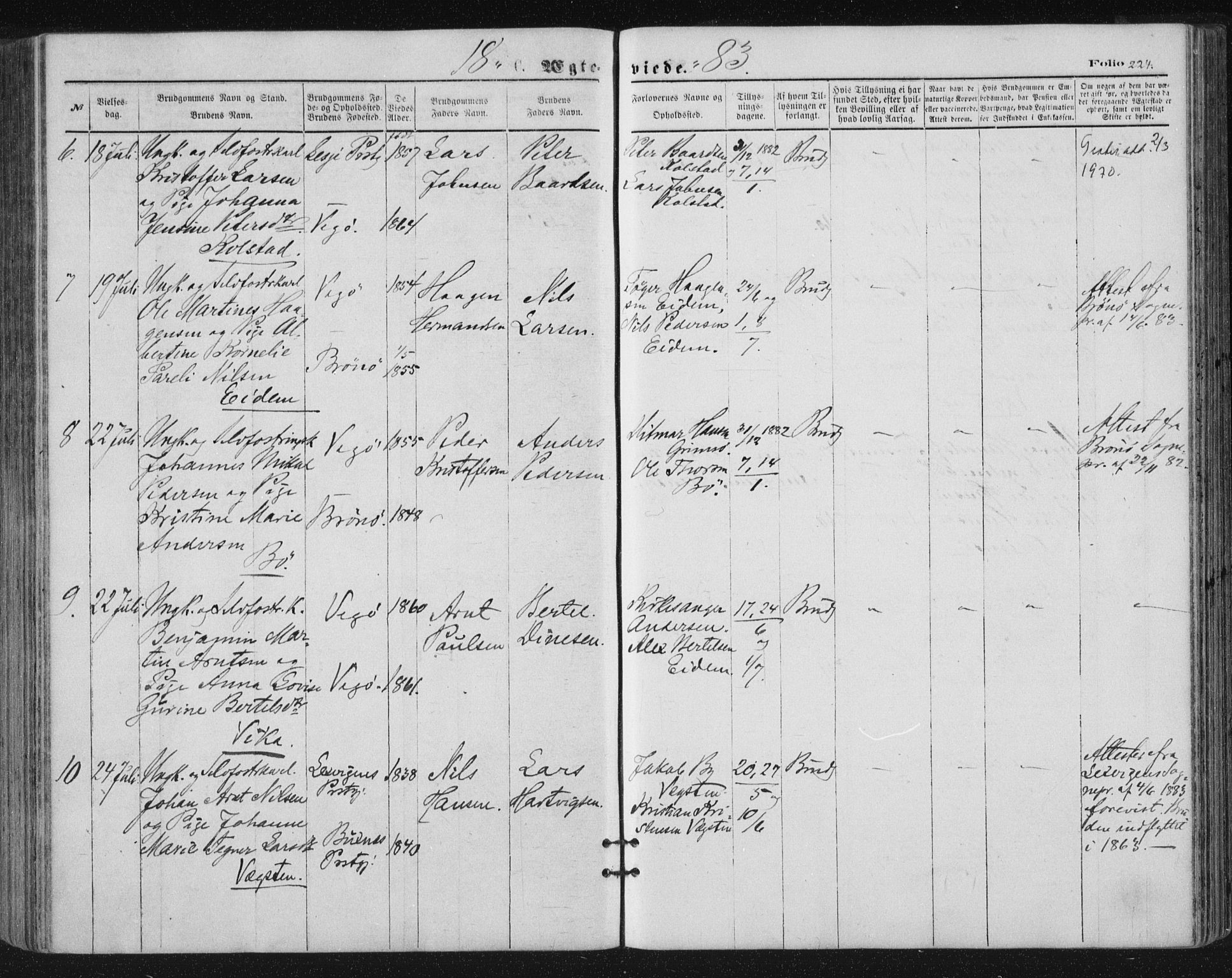Ministerialprotokoller, klokkerbøker og fødselsregistre - Nordland, SAT/A-1459/816/L0241: Parish register (official) no. 816A07, 1870-1885, p. 224