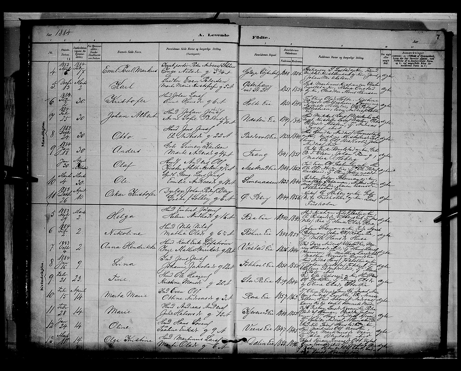 Stange prestekontor, AV/SAH-PREST-002/L/L0009: Parish register (copy) no. 9, 1883-1899, p. 7