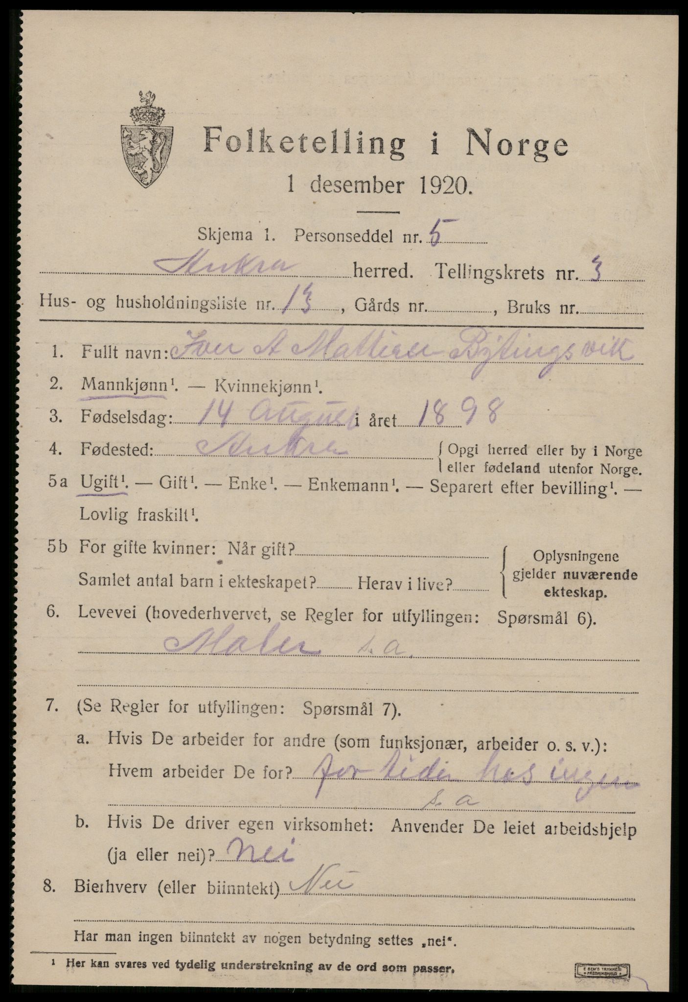 SAT, 1920 census for Aukra, 1920, p. 2689