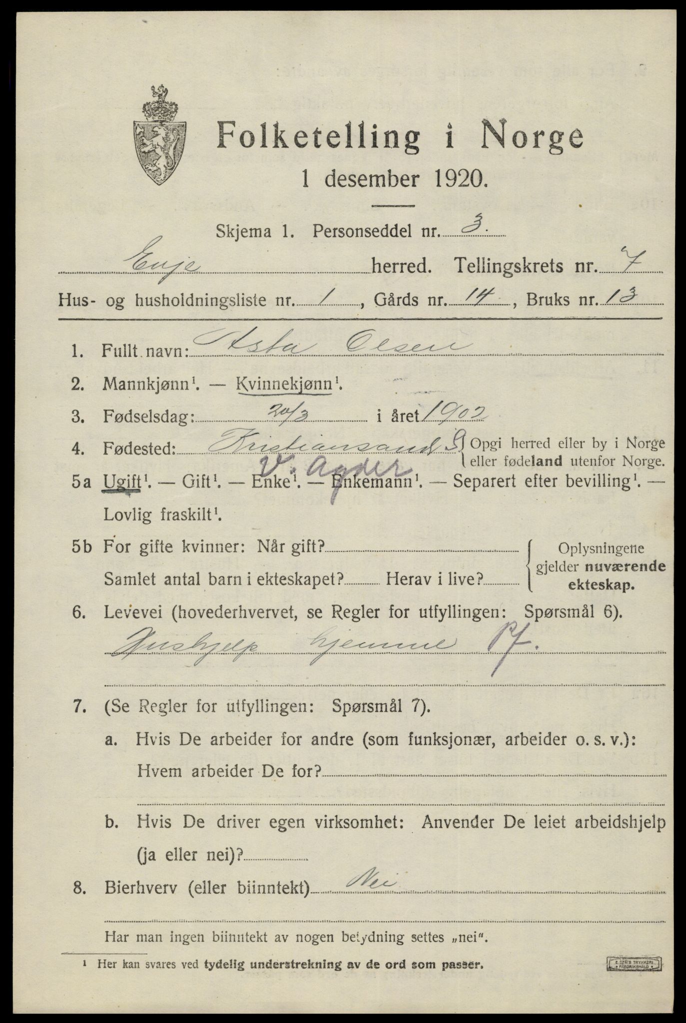 SAK, 1920 census for Evje, 1920, p. 2244