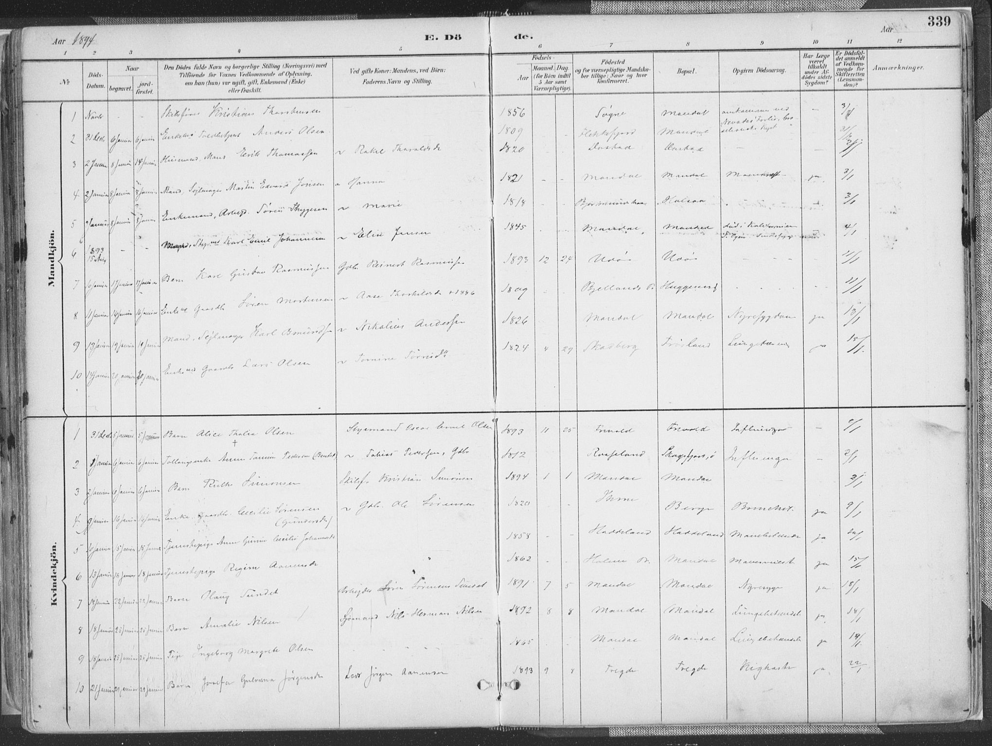 Mandal sokneprestkontor, SAK/1111-0030/F/Fa/Faa/L0018: Parish register (official) no. A 18, 1890-1905, p. 339