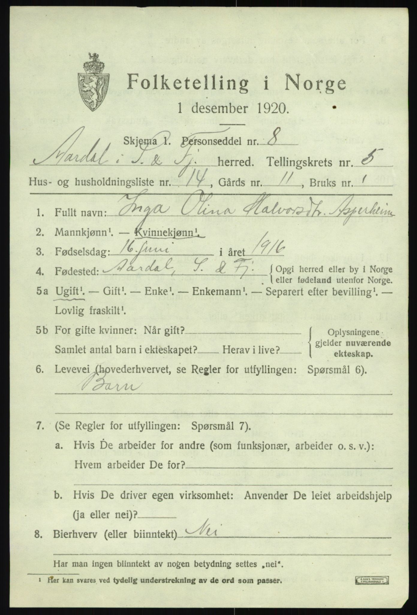 SAB, 1920 census for Årdal, 1920, p. 2975