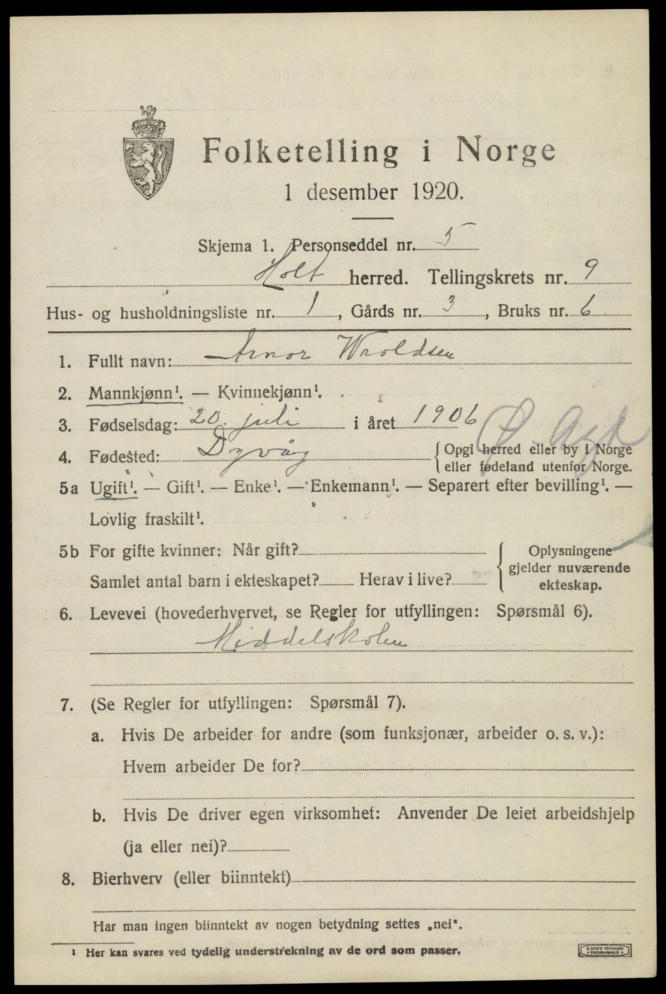 SAK, 1920 census for Holt, 1920, p. 5212