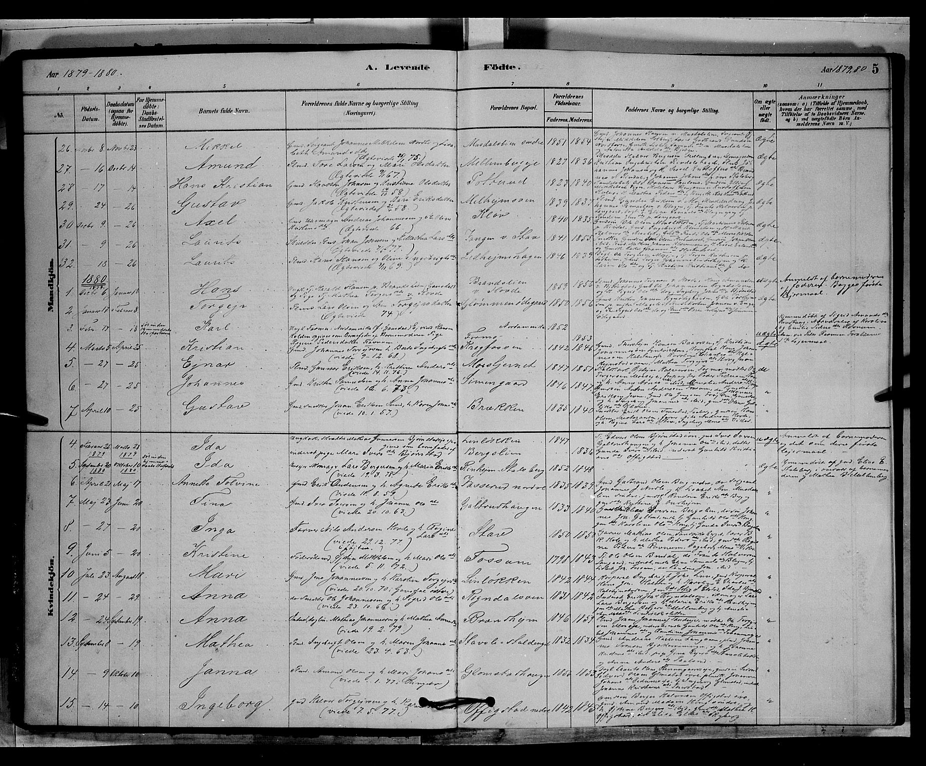 Øyer prestekontor, AV/SAH-PREST-084/H/Ha/Hab/L0003: Parish register (copy) no. 3, 1878-1893, p. 5