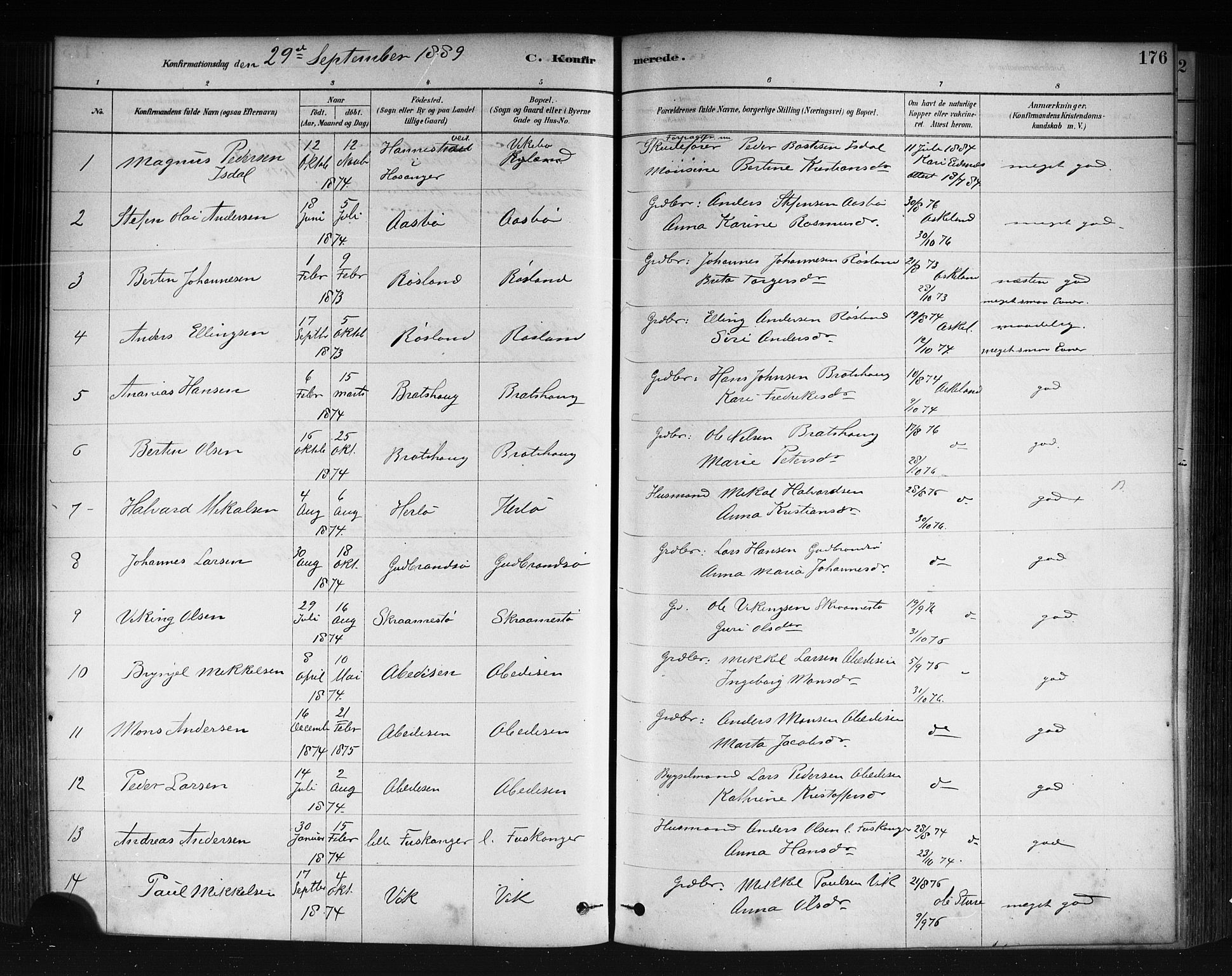 Herdla Sokneprestembete, AV/SAB-A-75701/H/Haa: Parish register (official) no. A 3, 1878-1890, p. 176