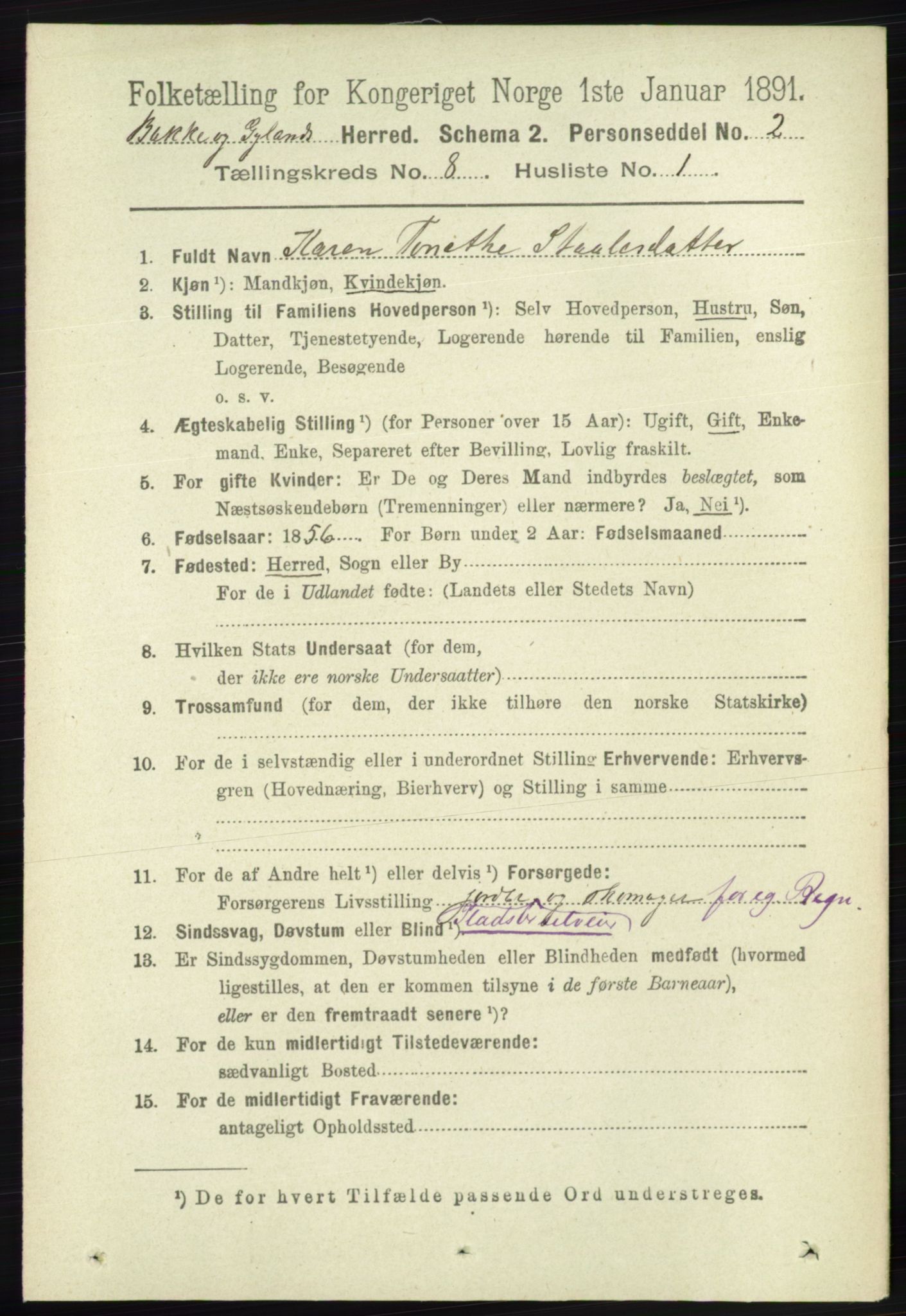 RA, 1891 census for 1045 Bakke, 1891, p. 1485