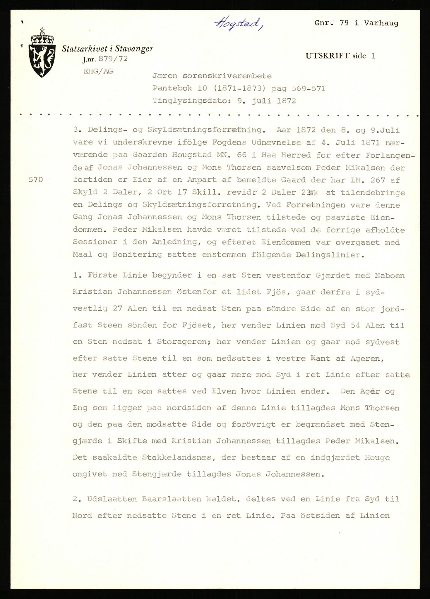 Statsarkivet i Stavanger, AV/SAST-A-101971/03/Y/Yj/L0038: Avskrifter sortert etter gårdsnavn: Hodne - Holte, 1750-1930, p. 344