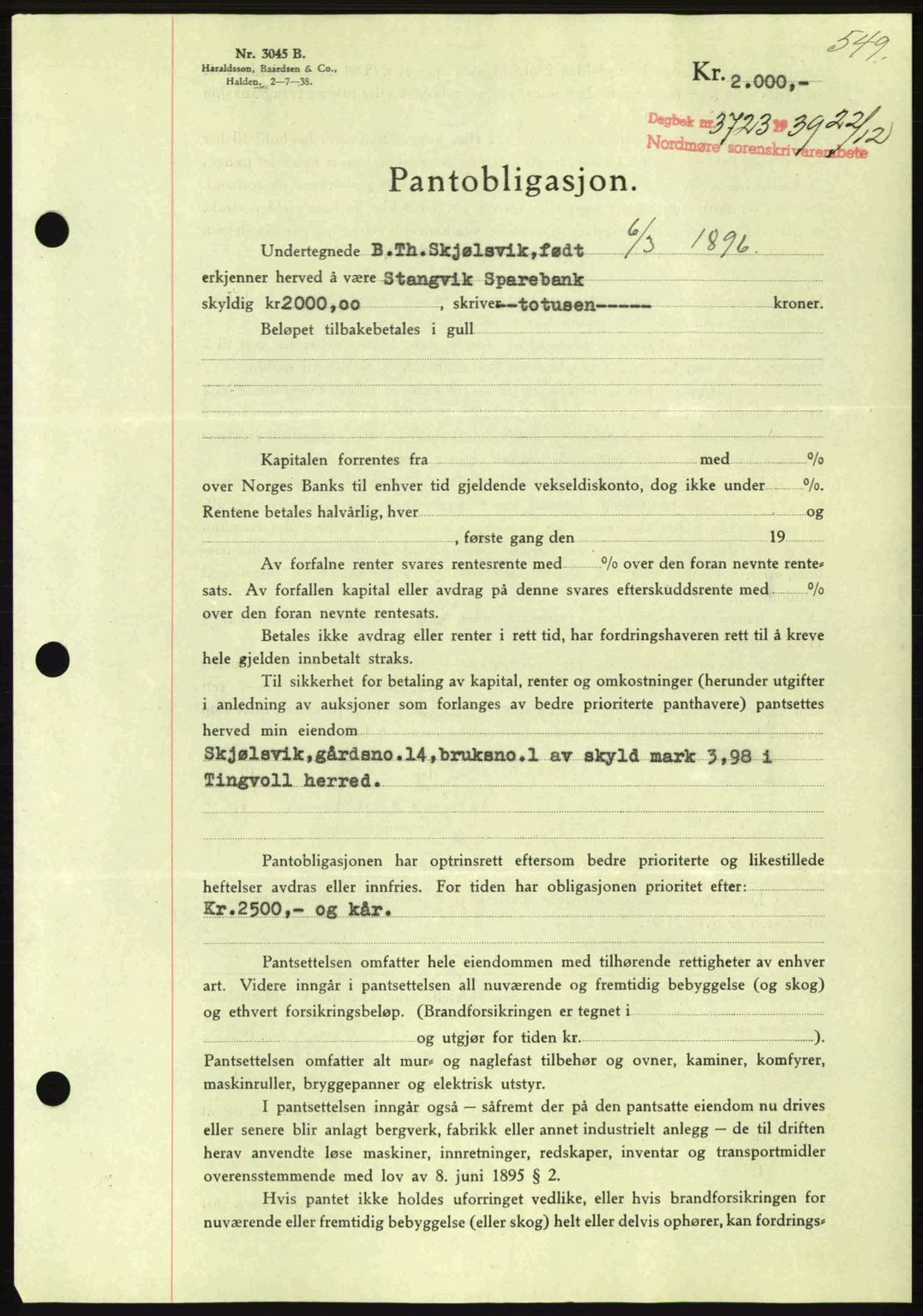 Nordmøre sorenskriveri, AV/SAT-A-4132/1/2/2Ca: Mortgage book no. B86, 1939-1940, Diary no: : 3723/1939