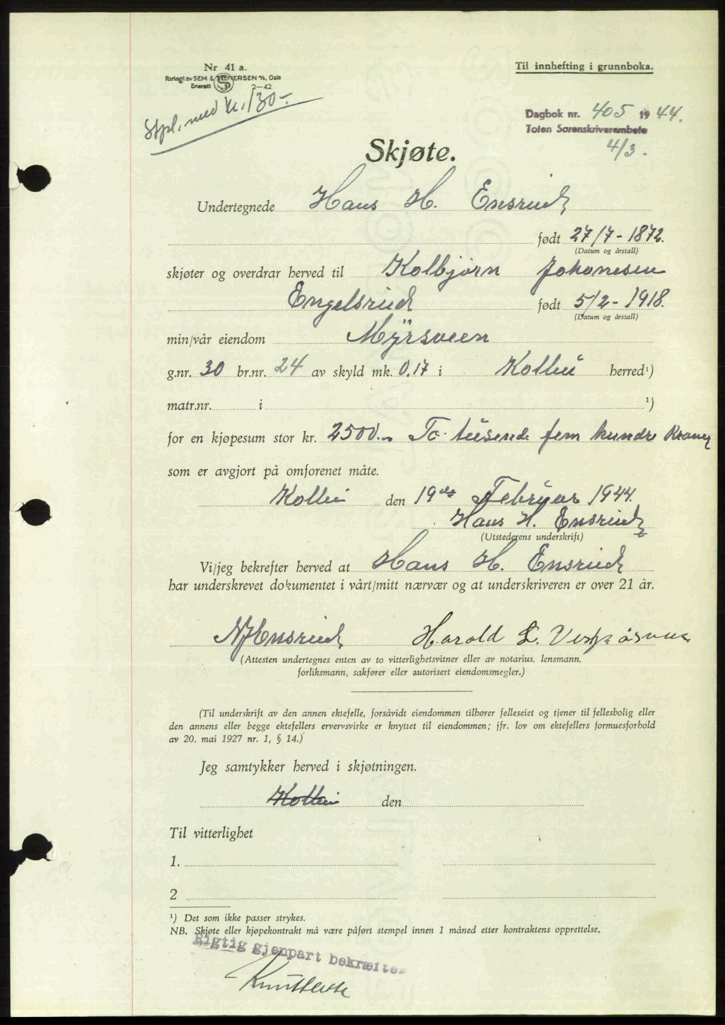 Toten tingrett, AV/SAH-TING-006/H/Hb/Hbc/L0011: Mortgage book no. Hbc-11, 1943-1944, Diary no: : 405/1944