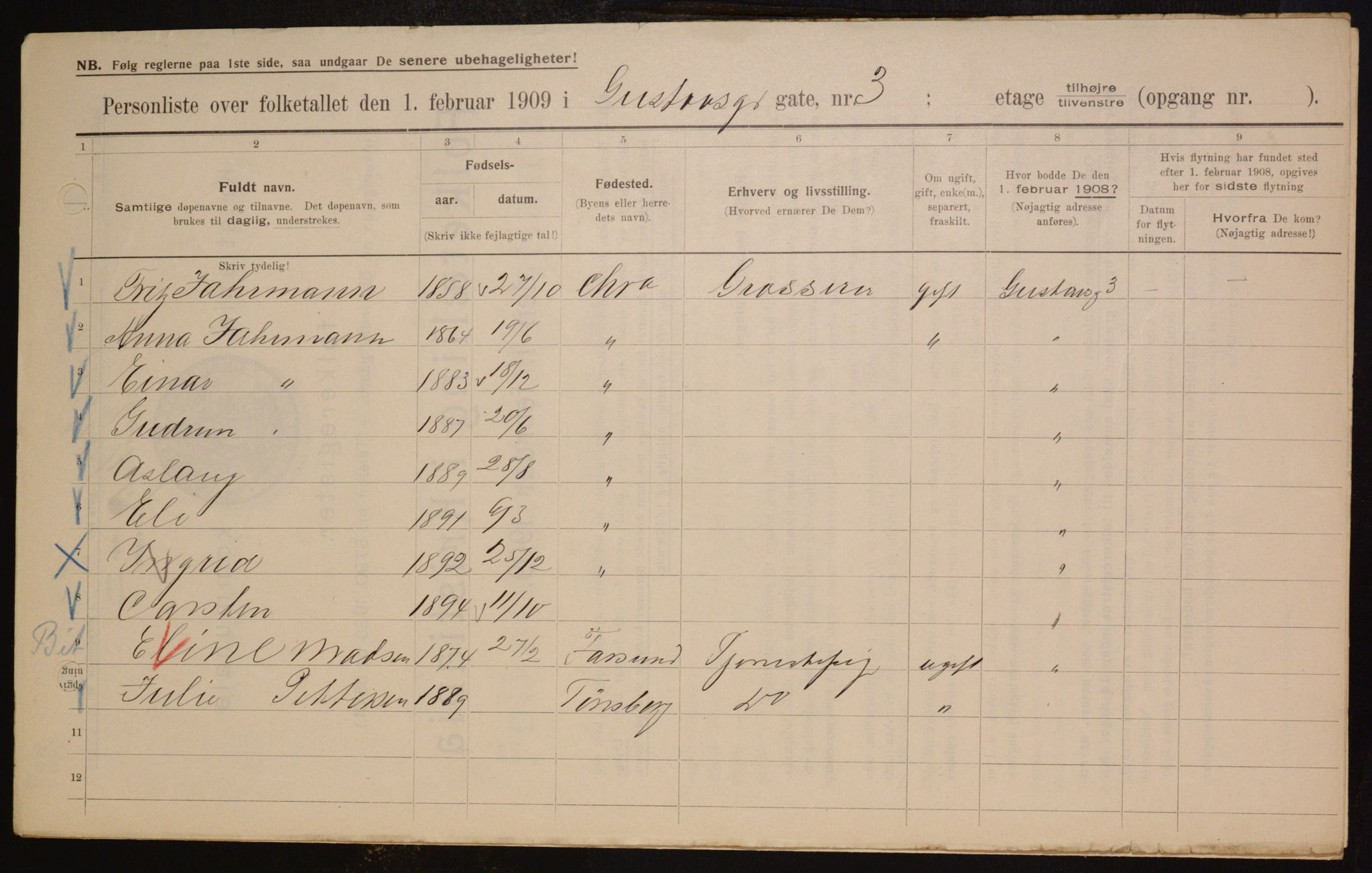 OBA, Municipal Census 1909 for Kristiania, 1909, p. 29555