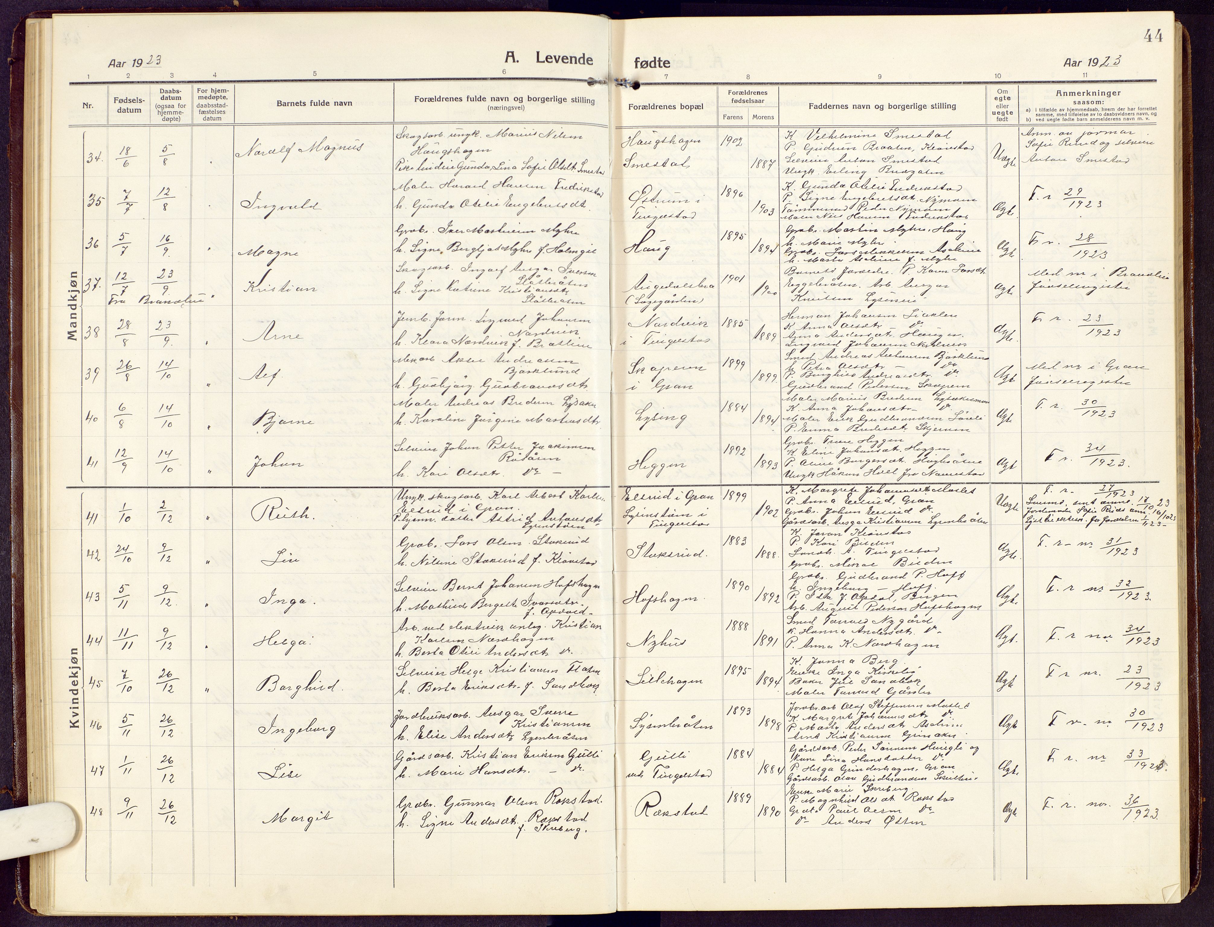 Brandbu prestekontor, SAH/PREST-114/H/Ha/Hab/L0010: Parish register (copy) no. 10, 1916-1930, p. 44