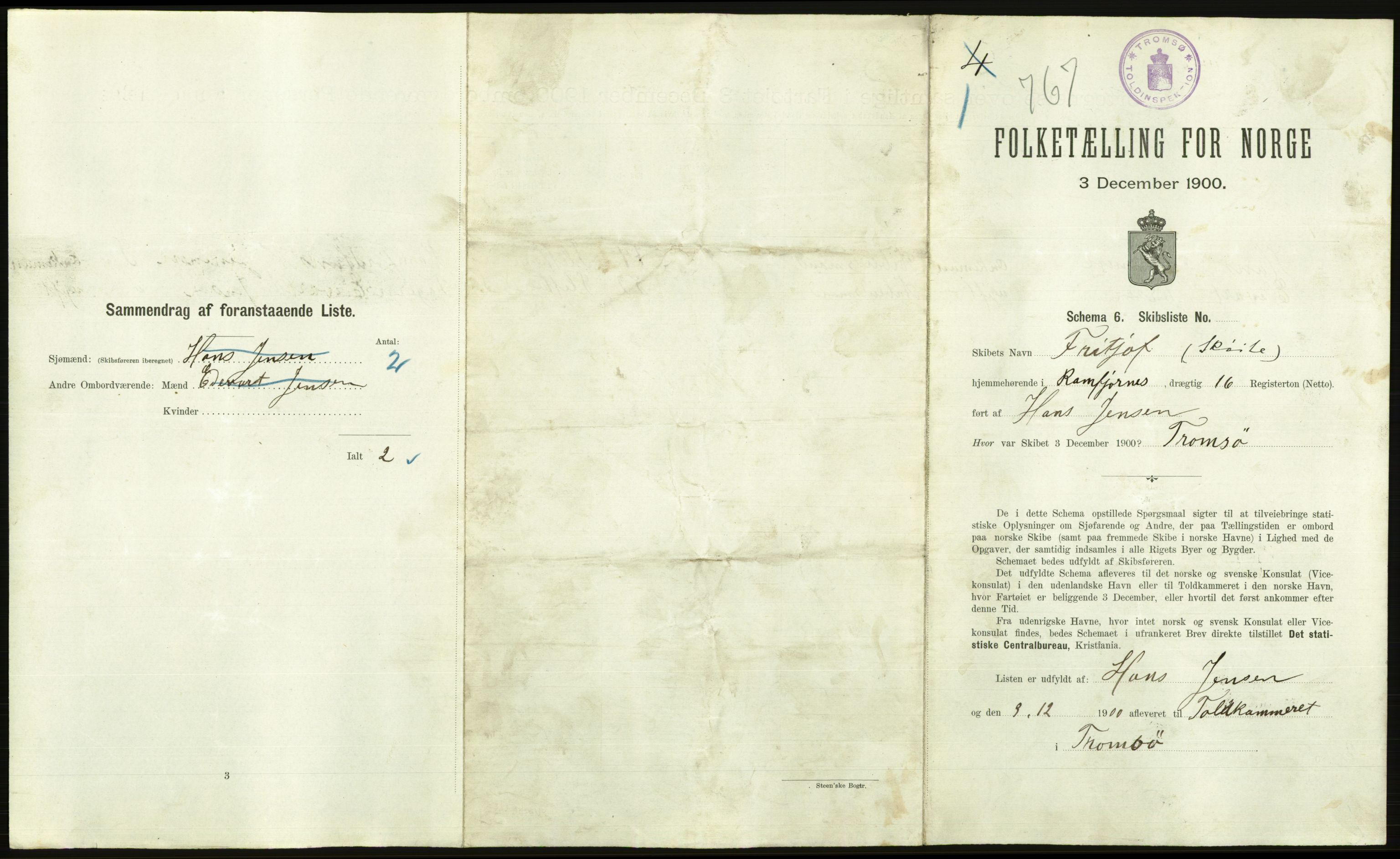 RA, 1900 Census - ship lists from ships in Norwegian harbours, harbours abroad and at sea, 1900, p. 2701