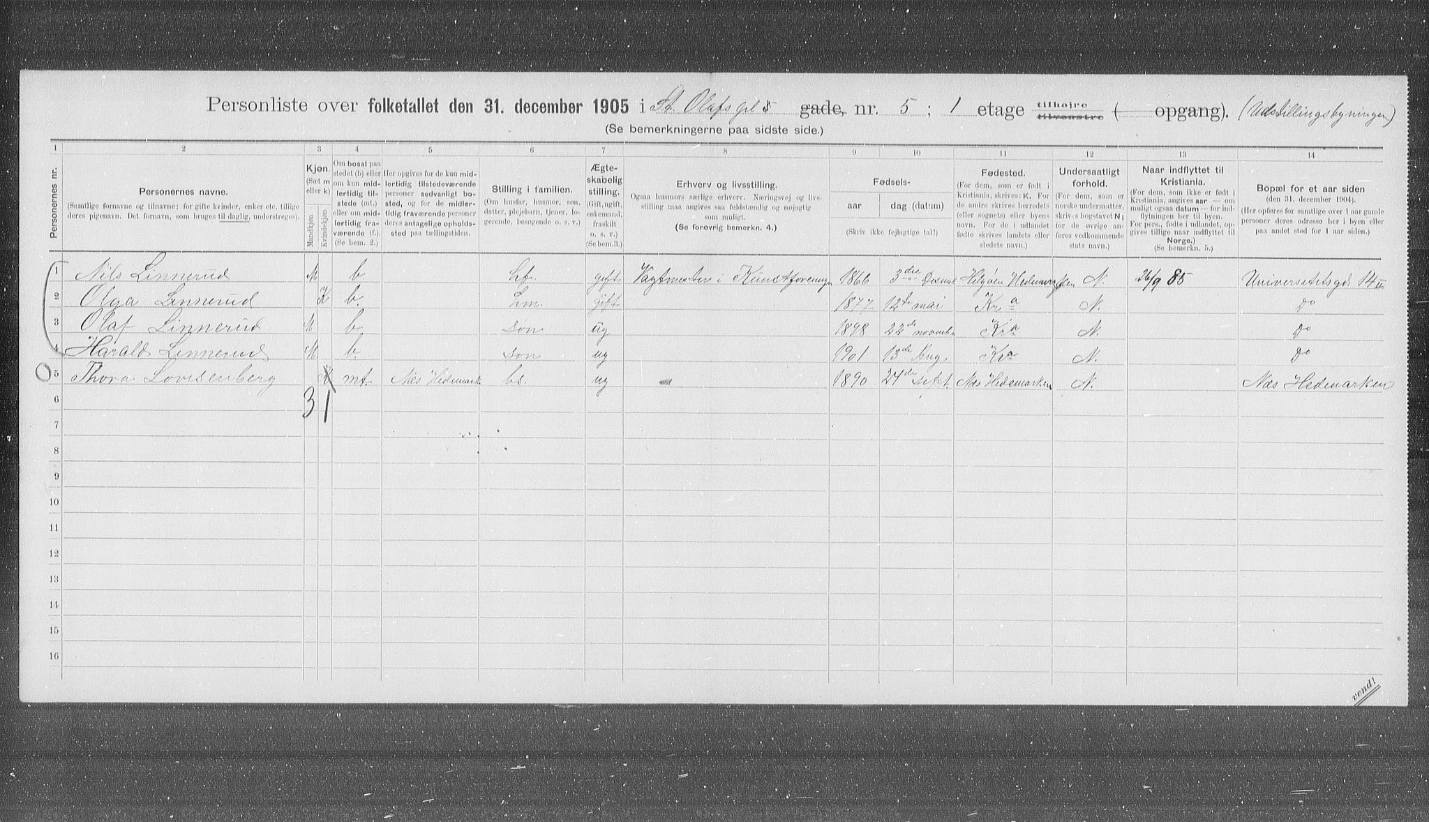 OBA, Municipal Census 1905 for Kristiania, 1905, p. 53479