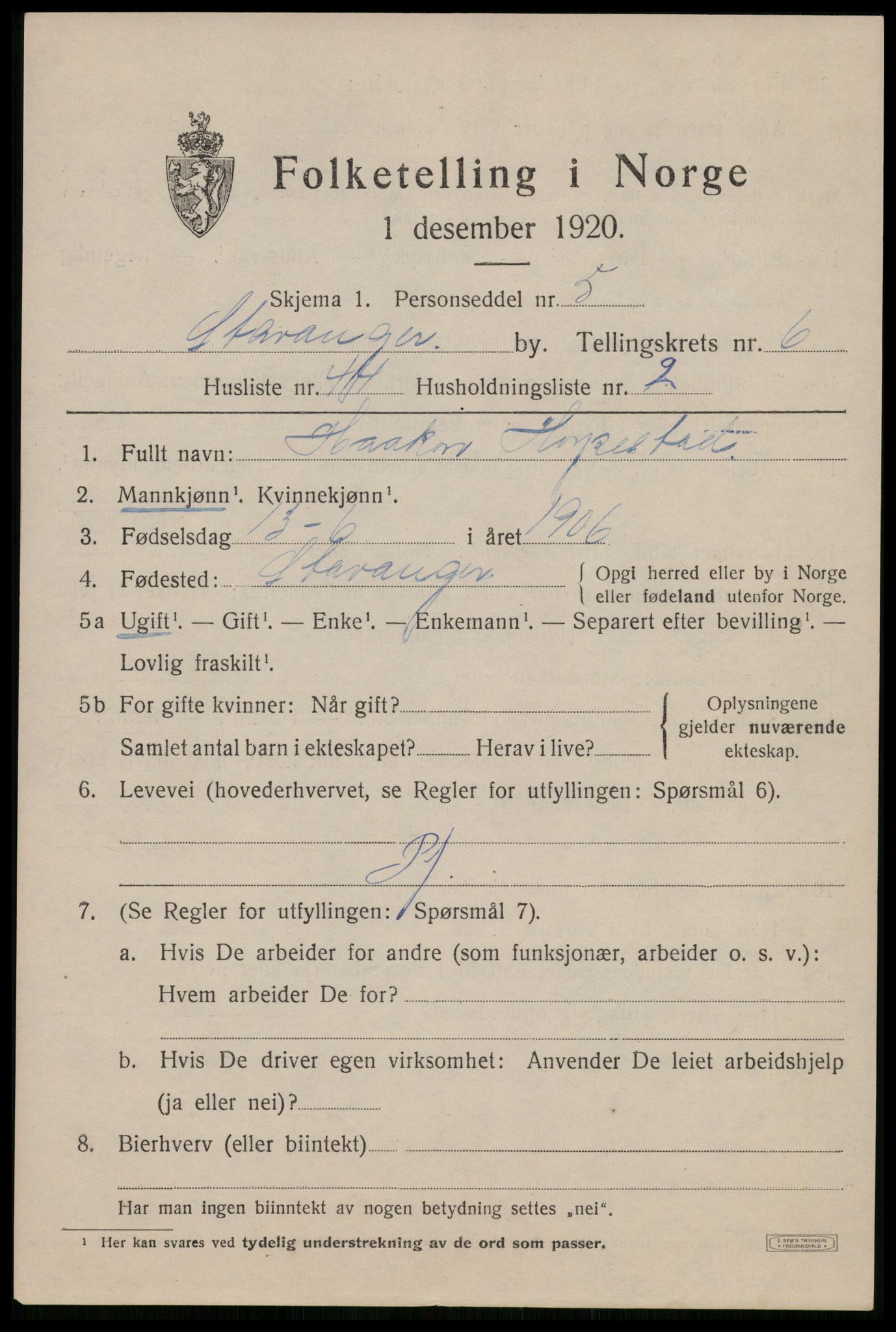 SAST, 1920 census for Stavanger, 1920, p. 43140