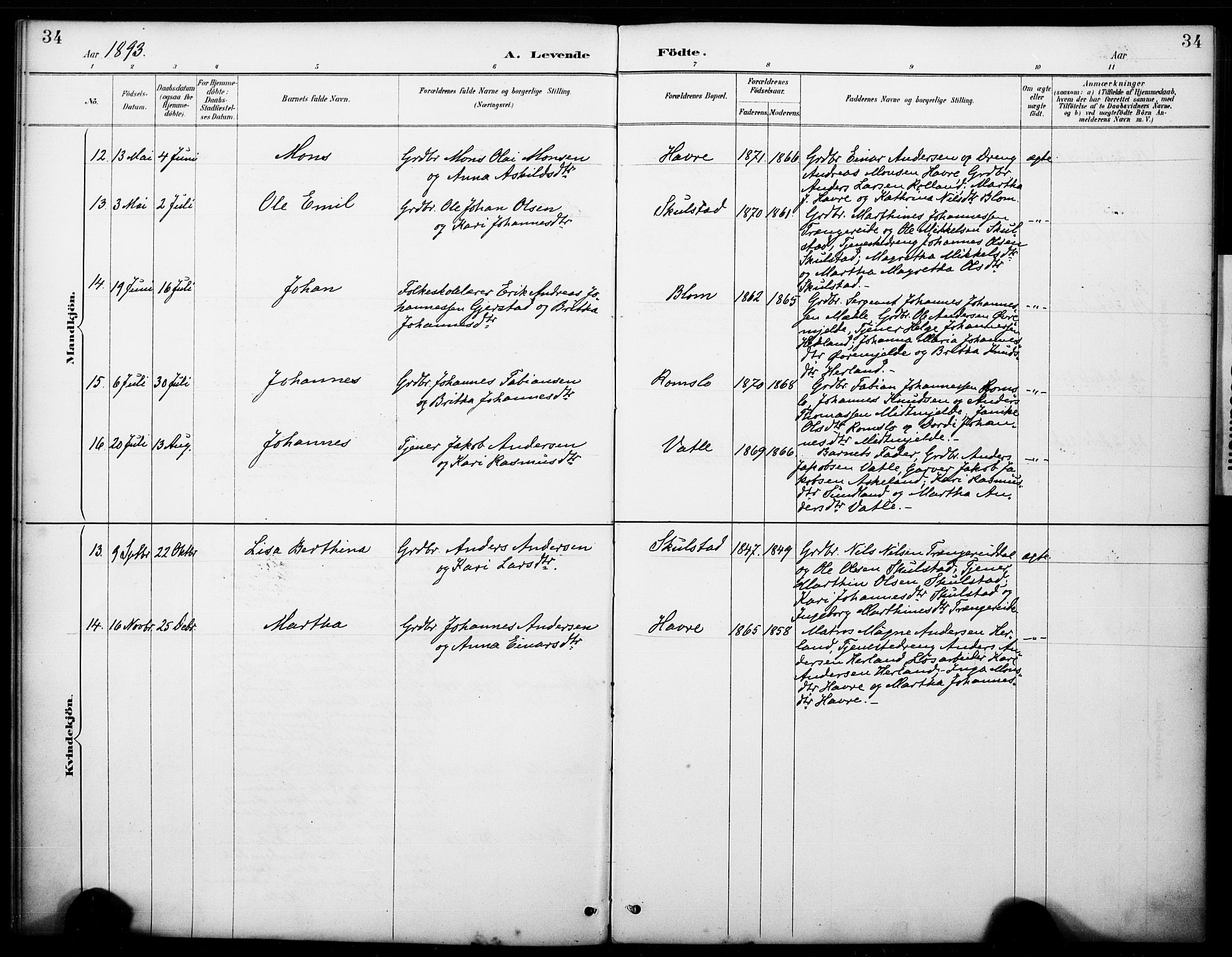 Haus sokneprestembete, AV/SAB-A-75601/H/Haa: Parish register (official) no. B 1, 1887-1898, p. 34