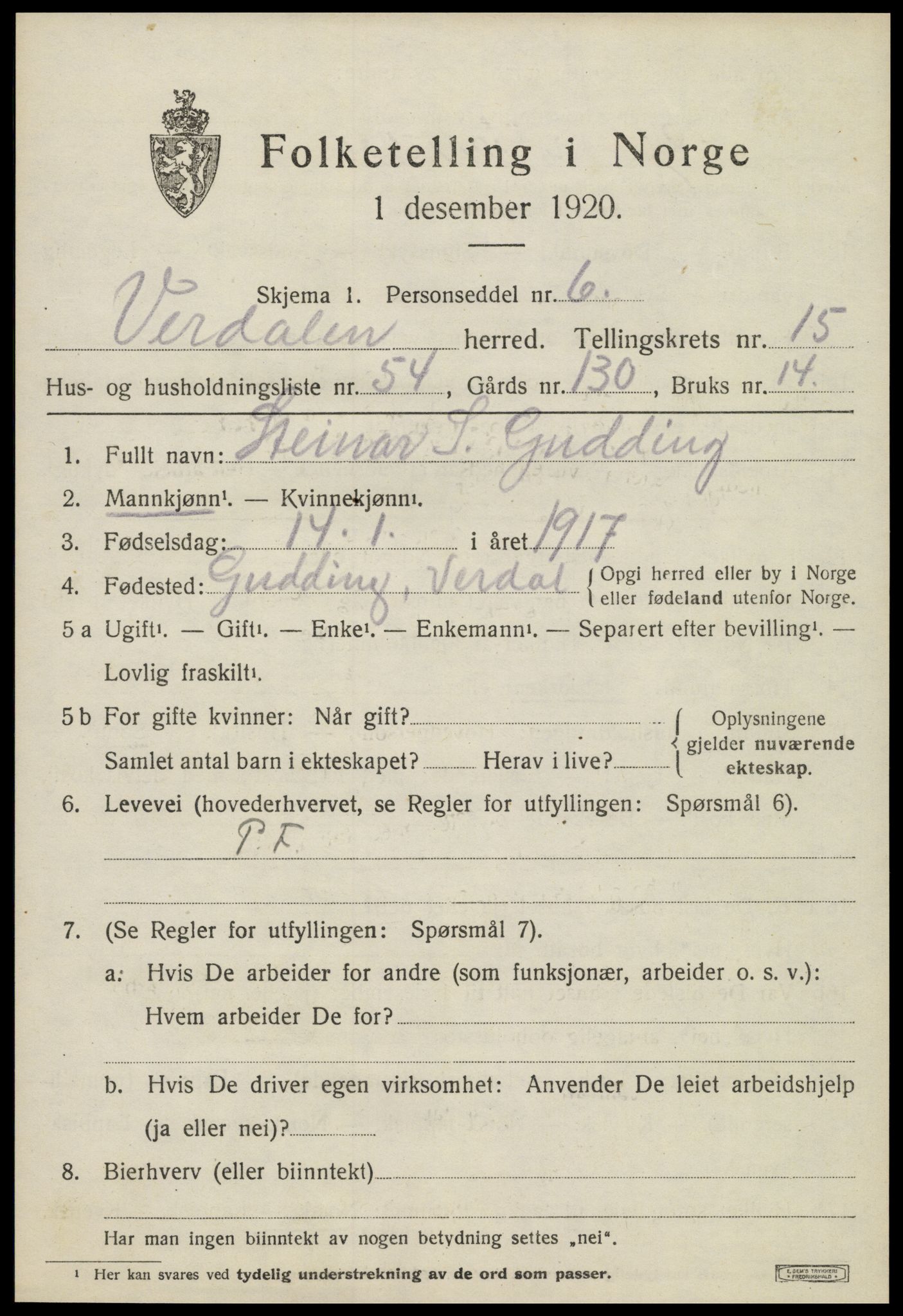 SAT, 1920 census for Verdal, 1920, p. 14821