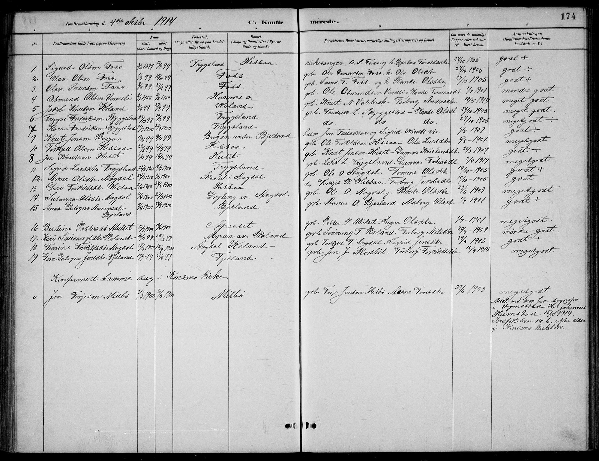 Bjelland sokneprestkontor, SAK/1111-0005/F/Fb/Fba/L0005: Parish register (copy) no. B 5, 1887-1923, p. 174