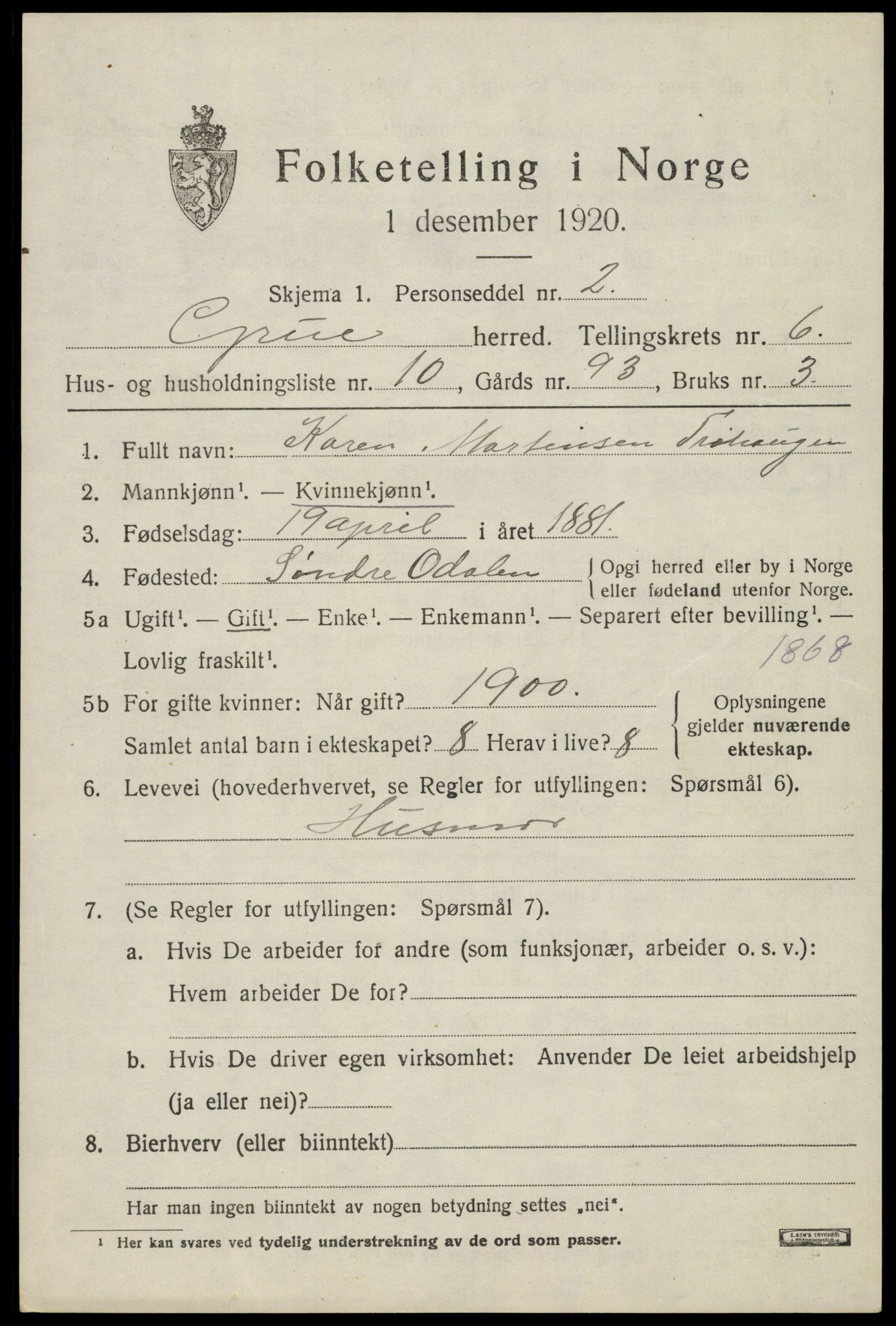 SAH, 1920 census for Grue, 1920, p. 6037