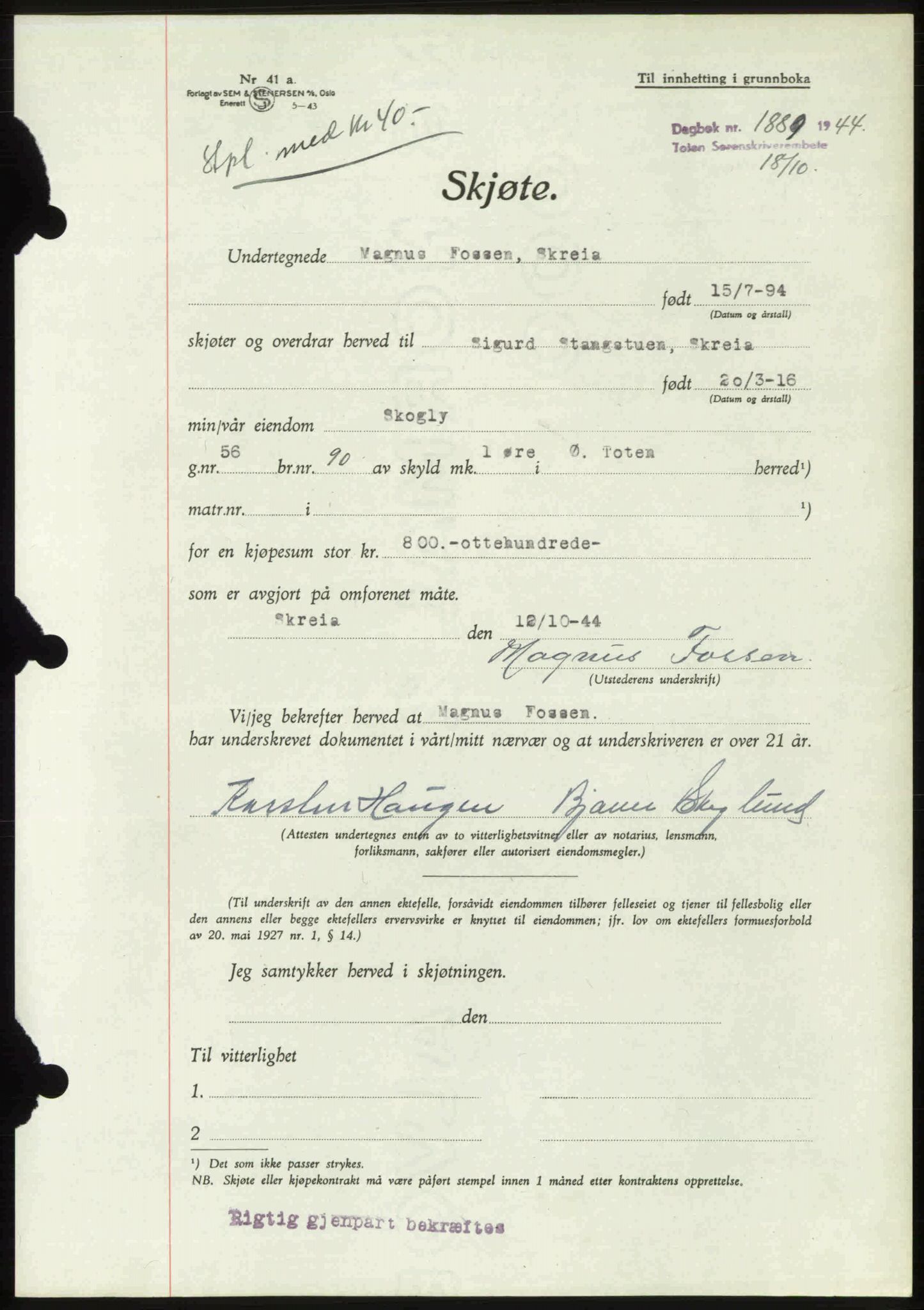 Toten tingrett, AV/SAH-TING-006/H/Hb/Hbc/L0012: Mortgage book no. Hbc-12, 1944-1944, Diary no: : 1889/1944