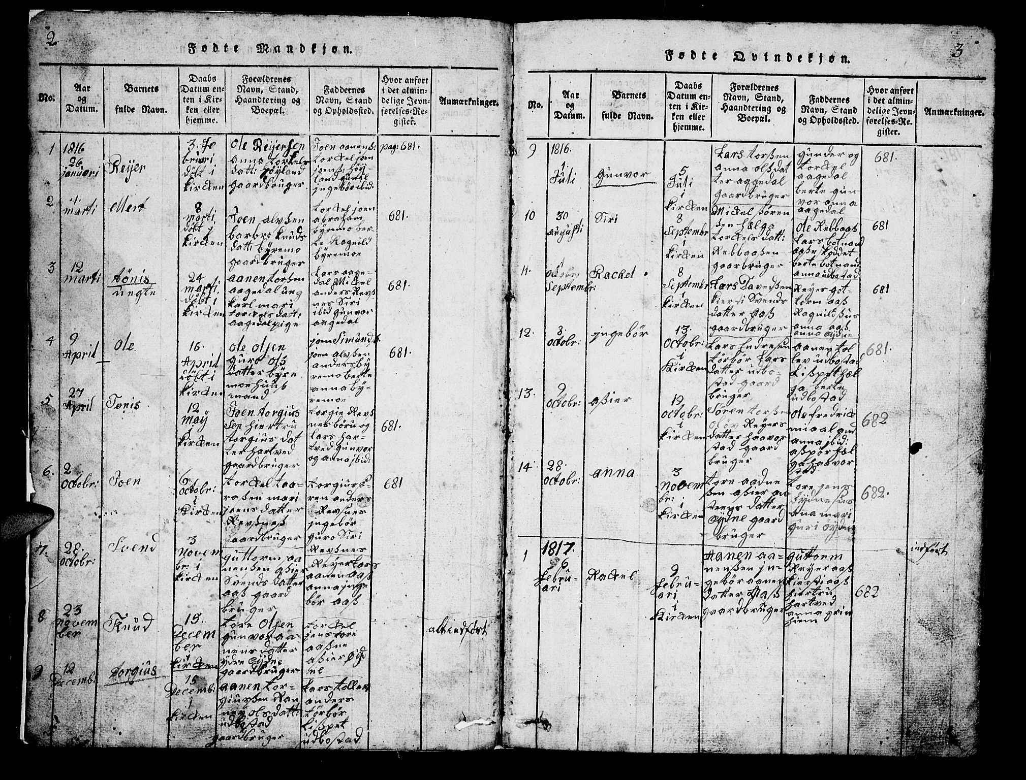 Bjelland sokneprestkontor, SAK/1111-0005/F/Fb/Fbc/L0001: Parish register (copy) no. B 1, 1815-1870, p. 2-3