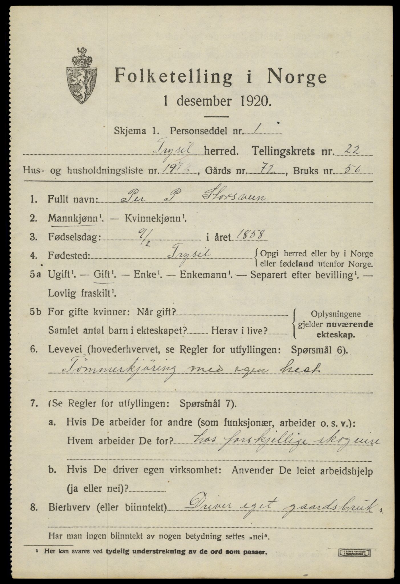 SAH, 1920 census for Trysil, 1920, p. 14827