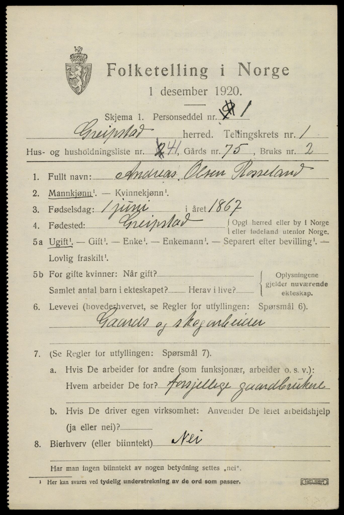 SAK, 1920 census for Greipstad, 1920, p. 870