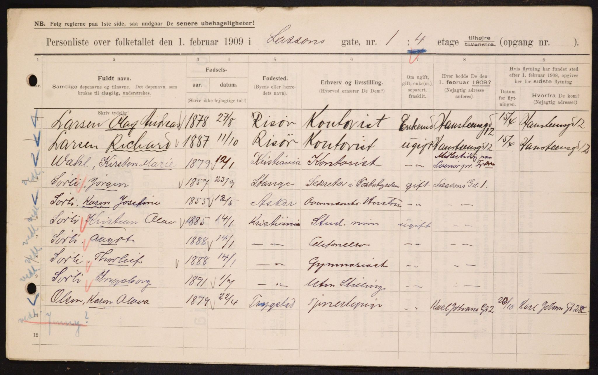 OBA, Municipal Census 1909 for Kristiania, 1909, p. 52196