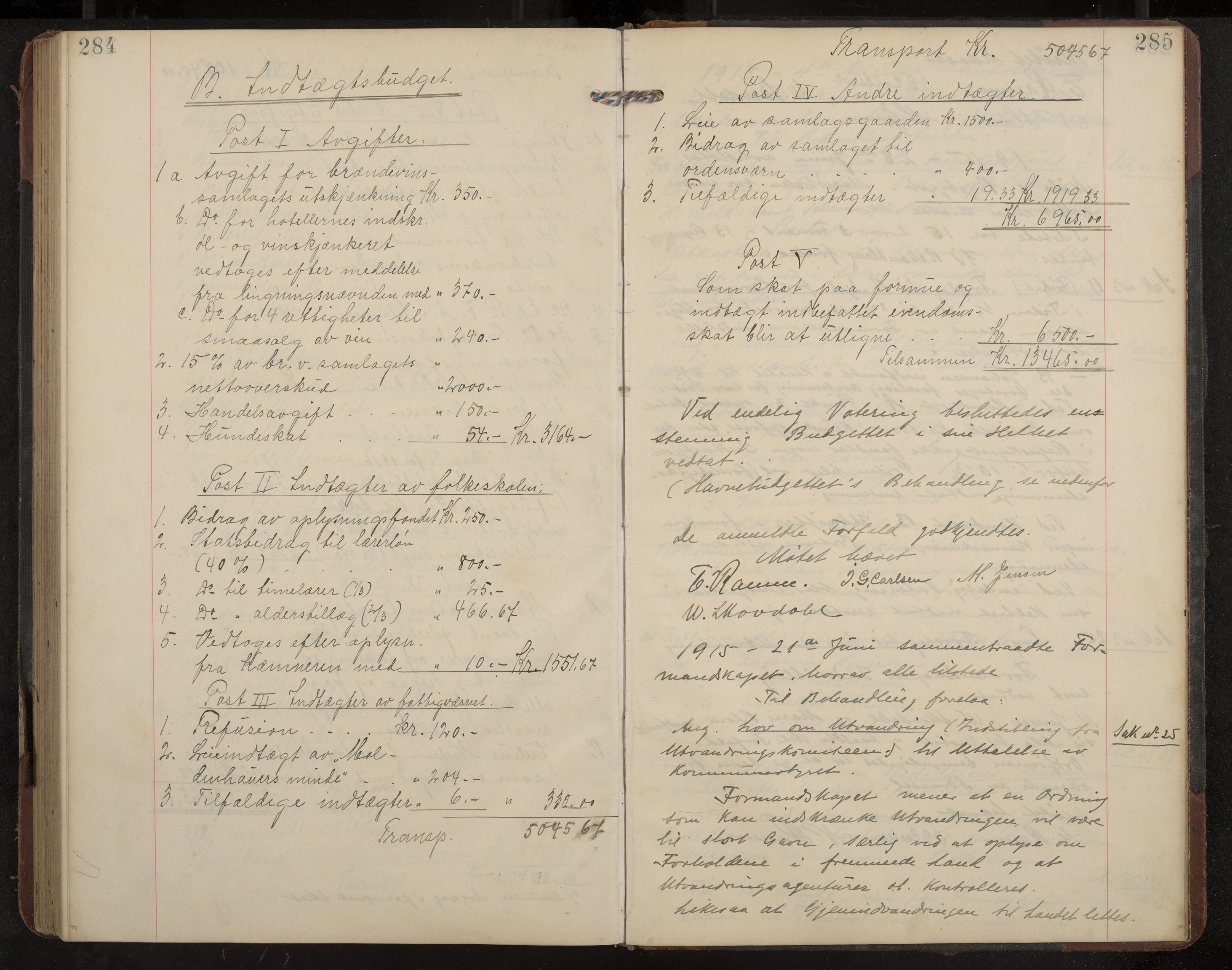 Åsgårdstrand formannskap og sentraladministrasjon, IKAK/0704021/A/L0004: Møtebok med register, 1908-1915, p. 284-285