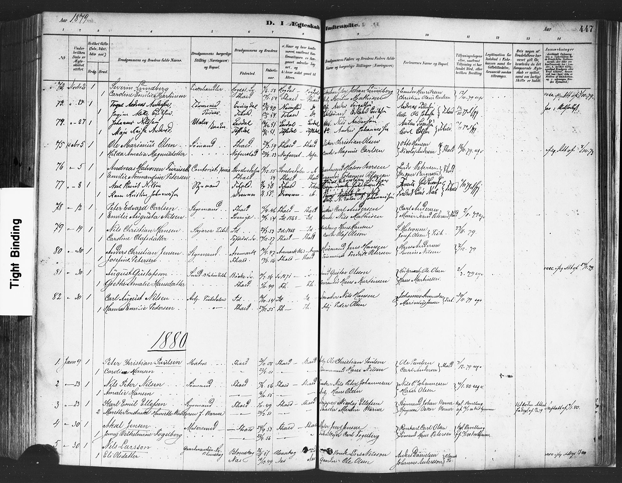 Halden prestekontor Kirkebøker, SAO/A-10909/F/Fa/L0011: Parish register (official) no. I 11, 1878-1889, p. 447