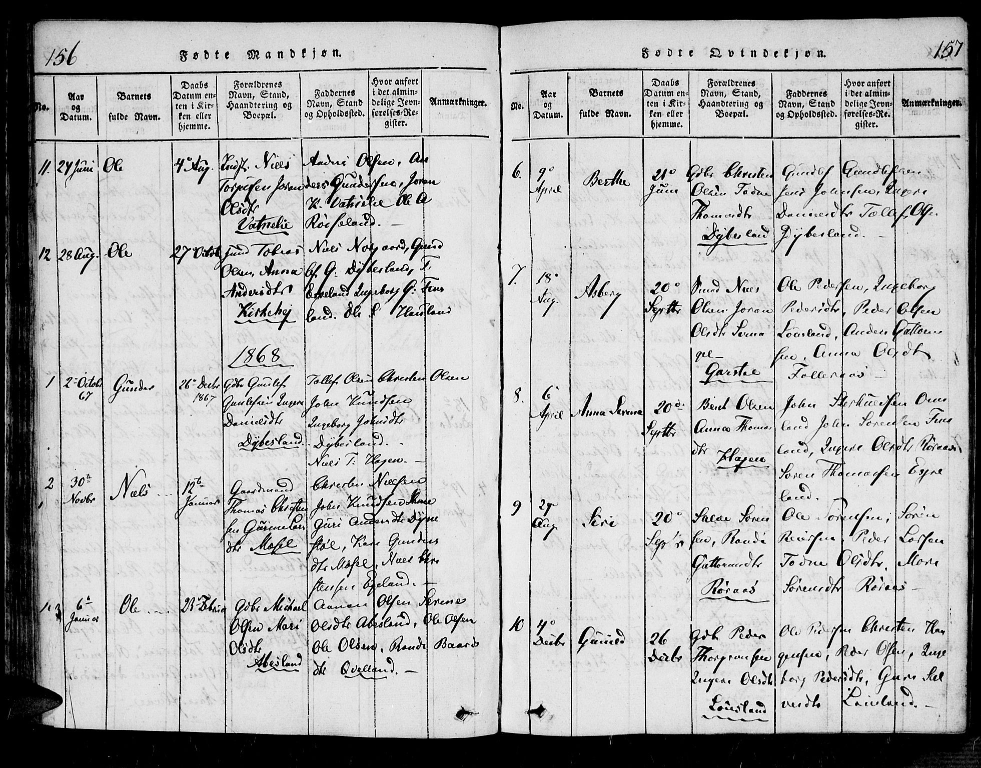 Bjelland sokneprestkontor, SAK/1111-0005/F/Fa/Fab/L0002: Parish register (official) no. A 2, 1816-1869, p. 156-157