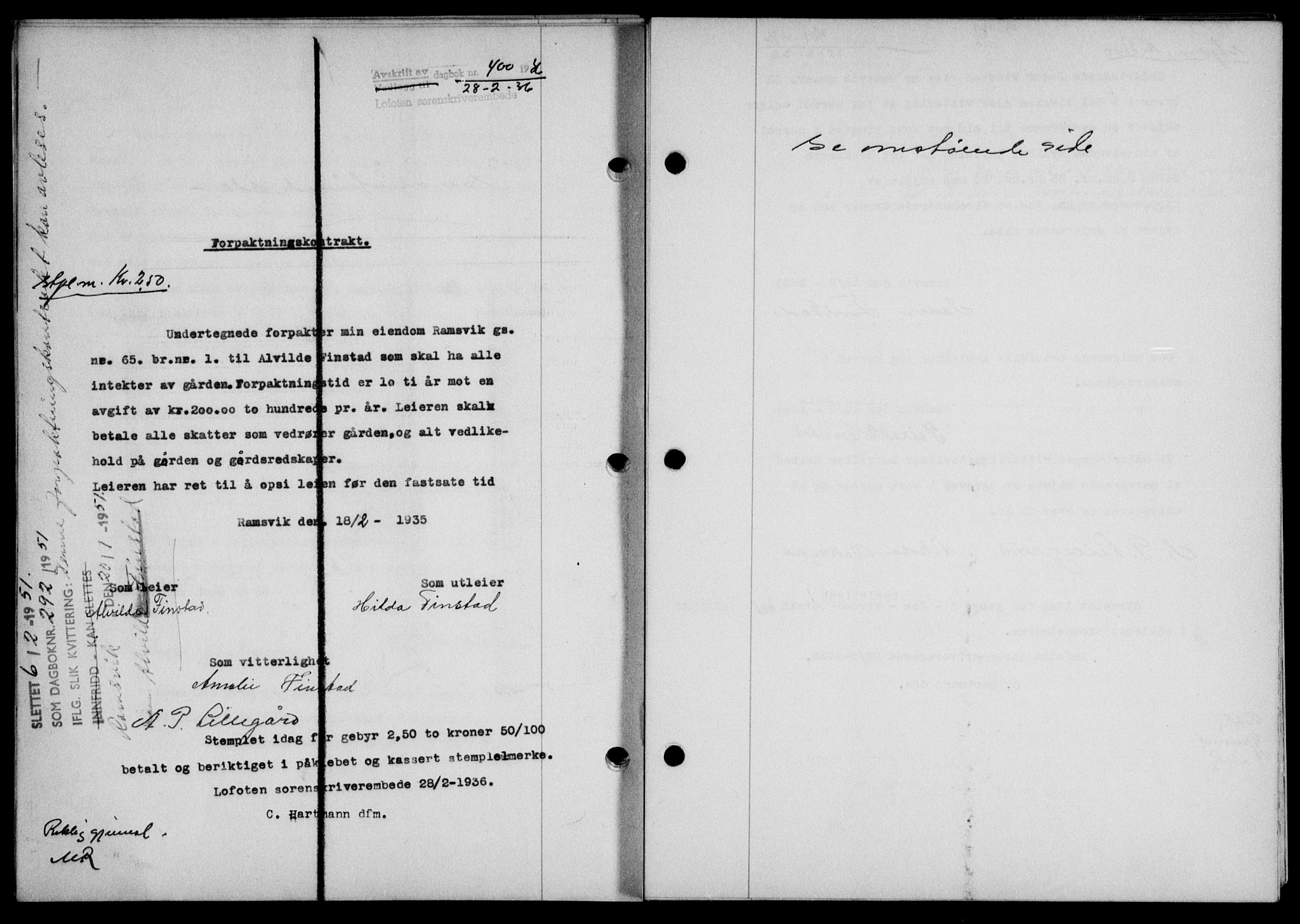 Lofoten sorenskriveri, SAT/A-0017/1/2/2C/L0033b: Mortgage book no. 33b, 1936-1936, Diary no: : 400/1936