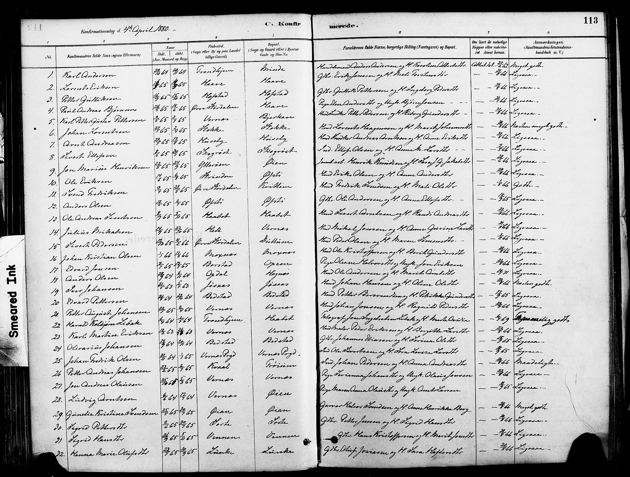 Ministerialprotokoller, klokkerbøker og fødselsregistre - Nord-Trøndelag, SAT/A-1458/709/L0077: Parish register (official) no. 709A17, 1880-1895, p. 113