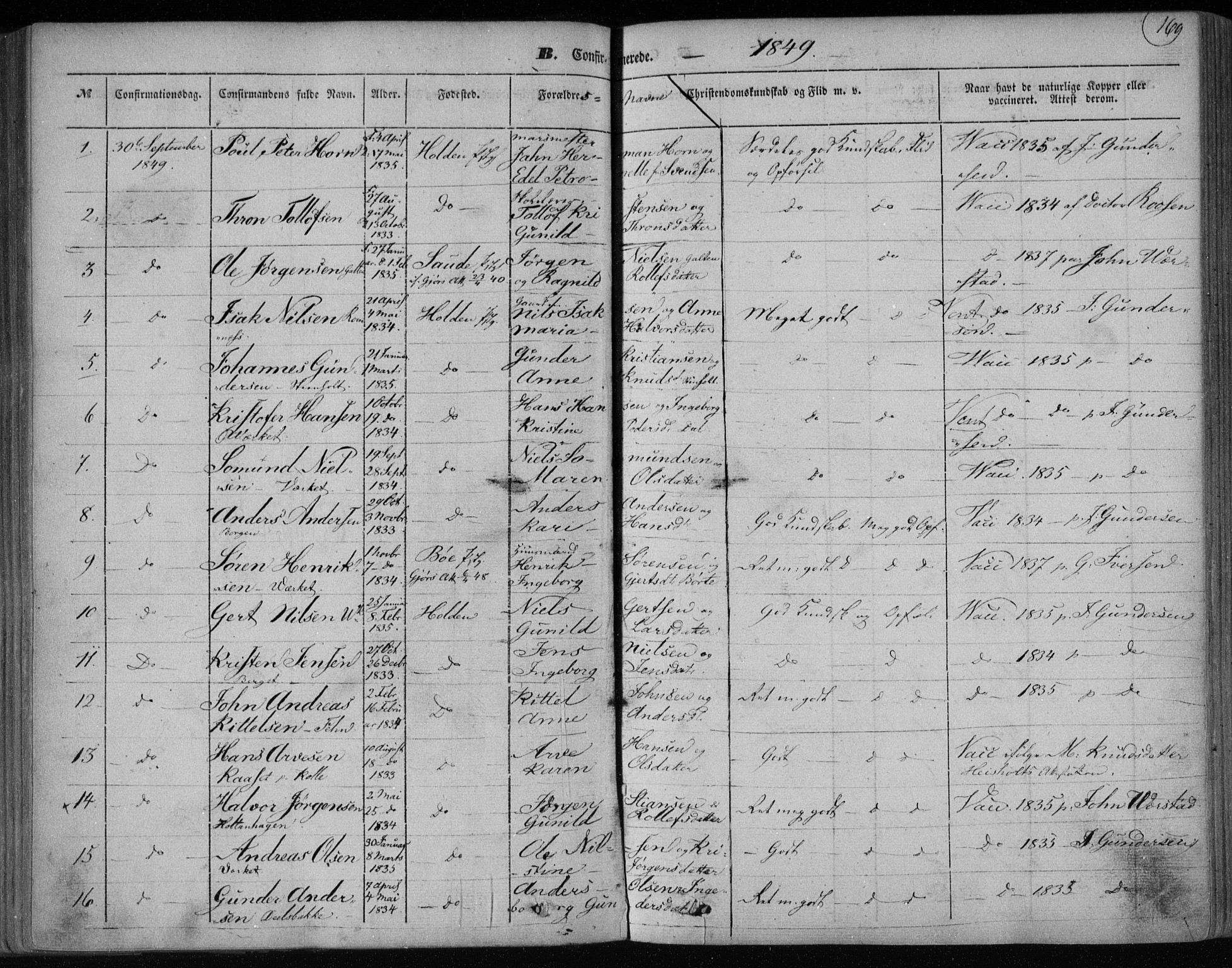 Holla kirkebøker, SAKO/A-272/F/Fa/L0005: Parish register (official) no. 5, 1849-1860, p. 169