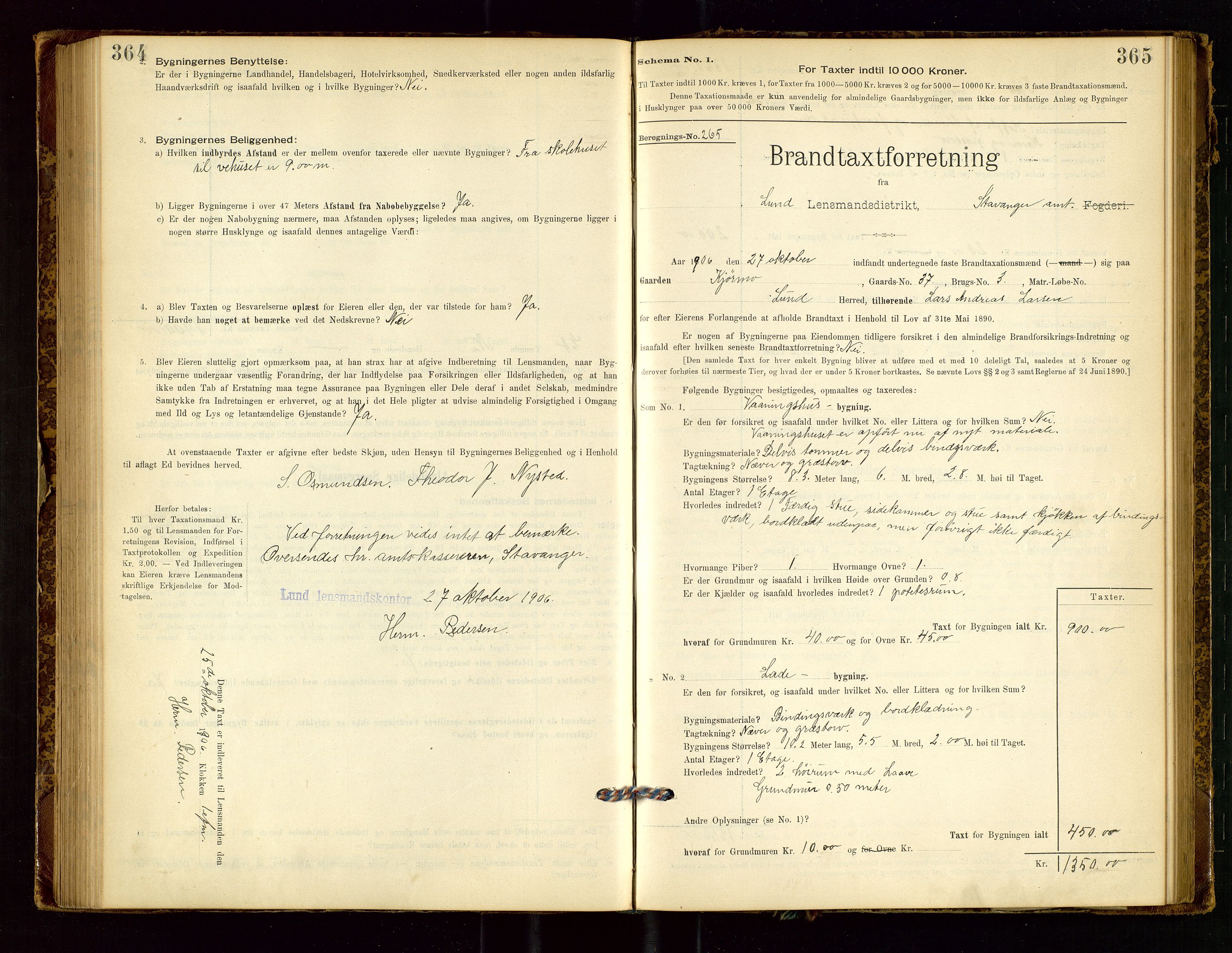 Lund lensmannskontor, AV/SAST-A-100303/Gob/L0001: "Brandtakstprotokol", 1894-1907, p. 364-365