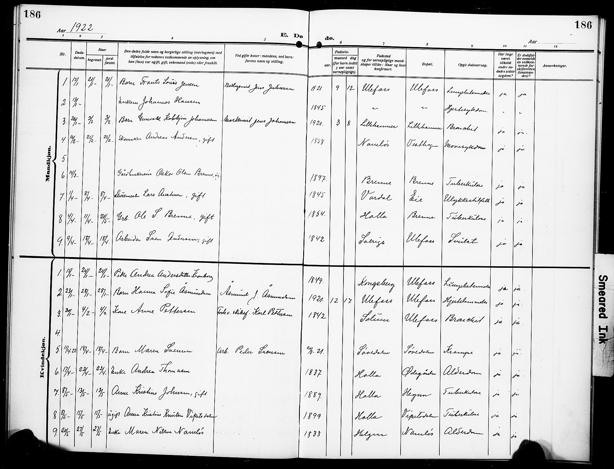 Holla kirkebøker, SAKO/A-272/G/Ga/L0006: Parish register (copy) no. I 6, 1917-1928, p. 186