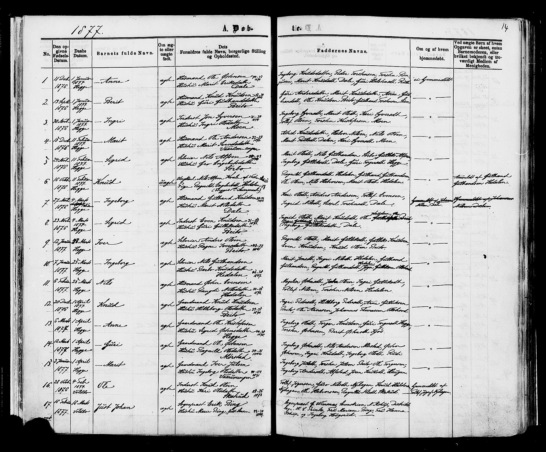 Øystre Slidre prestekontor, SAH/PREST-138/H/Ha/Haa/L0002: Parish register (official) no. 2, 1874-1886, p. 14