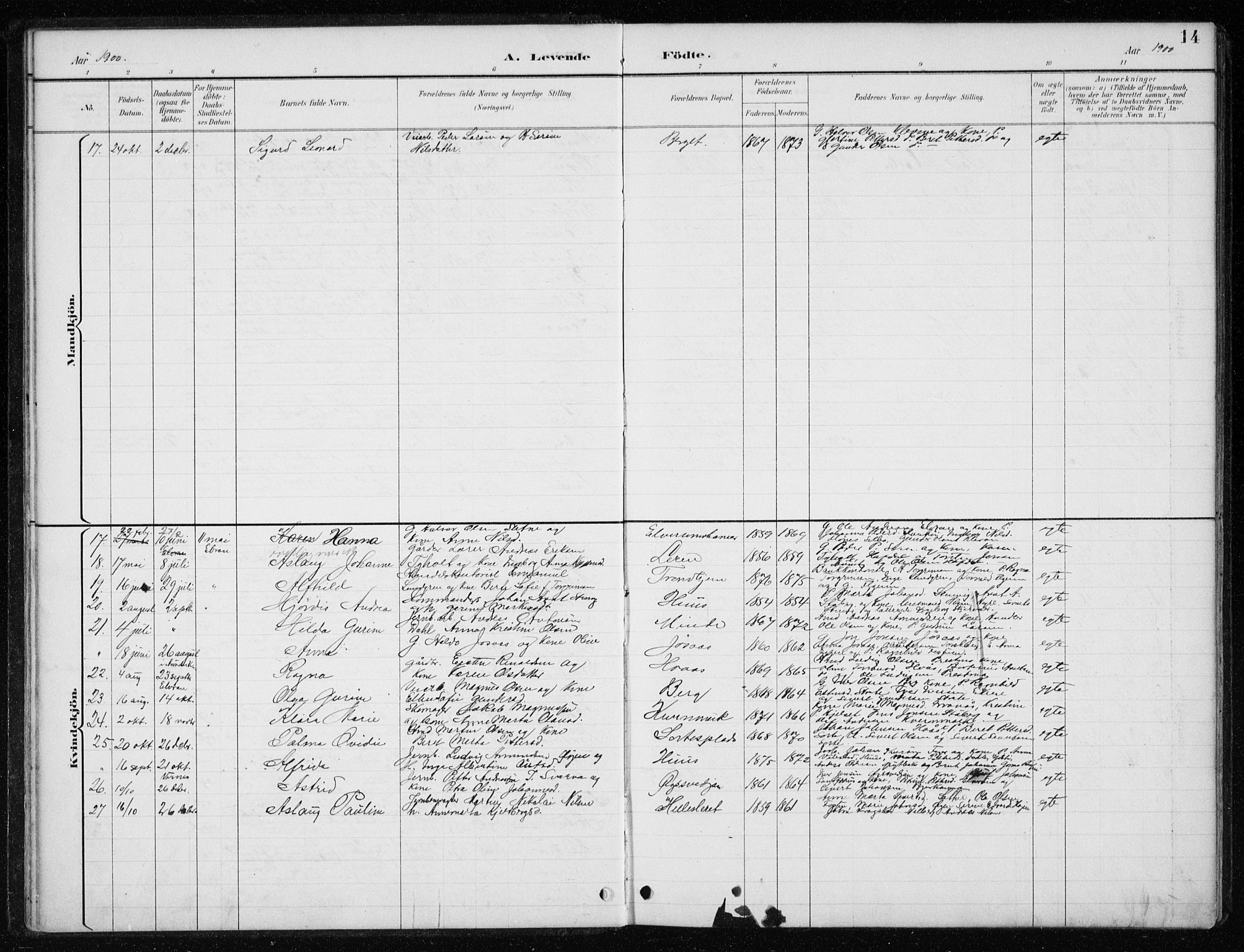 Ministerialprotokoller, klokkerbøker og fødselsregistre - Nord-Trøndelag, AV/SAT-A-1458/710/L0096: Parish register (copy) no. 710C01, 1892-1925, p. 14