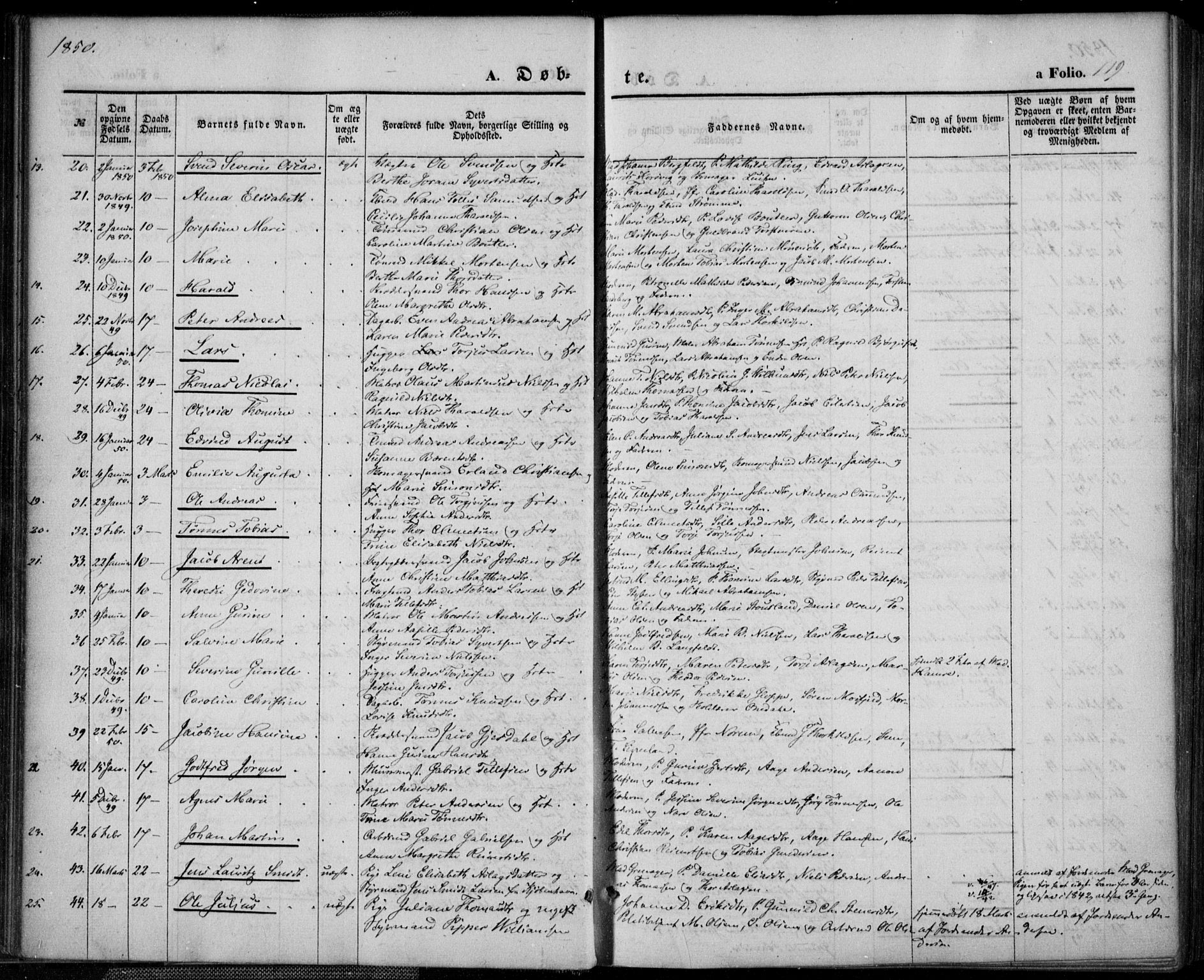 Kristiansand domprosti, SAK/1112-0006/F/Fa/L0013: Parish register (official) no. A 13, 1842-1851, p. 119