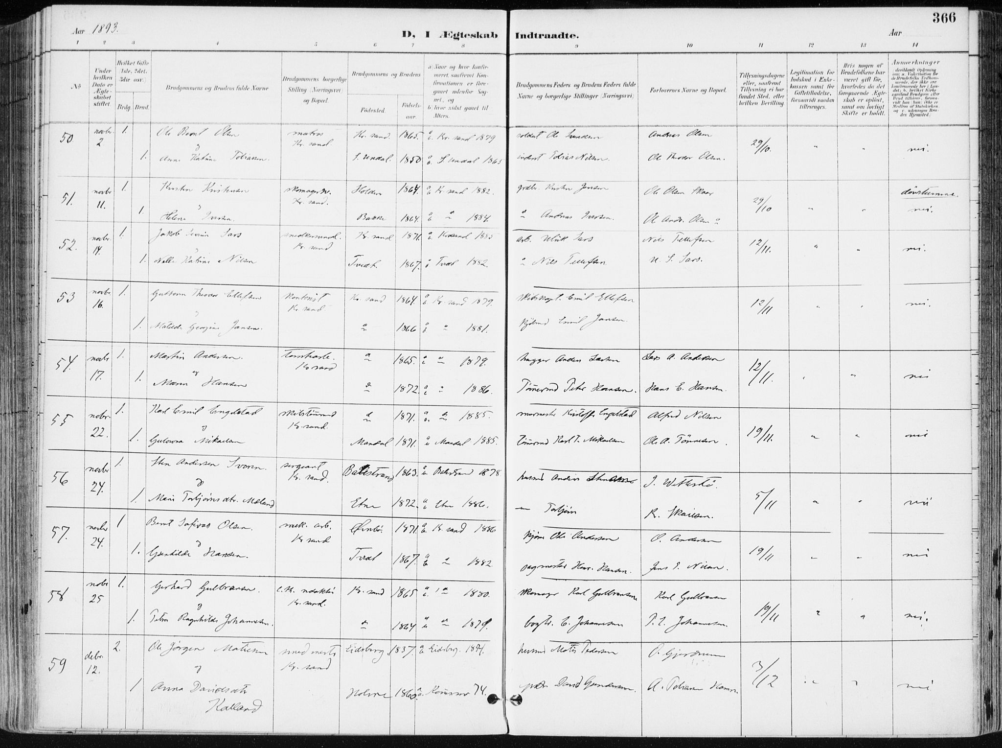 Kristiansand domprosti, AV/SAK-1112-0006/F/Fa/L0019: Parish register (official) no. A 18, 1890-1897, p. 366