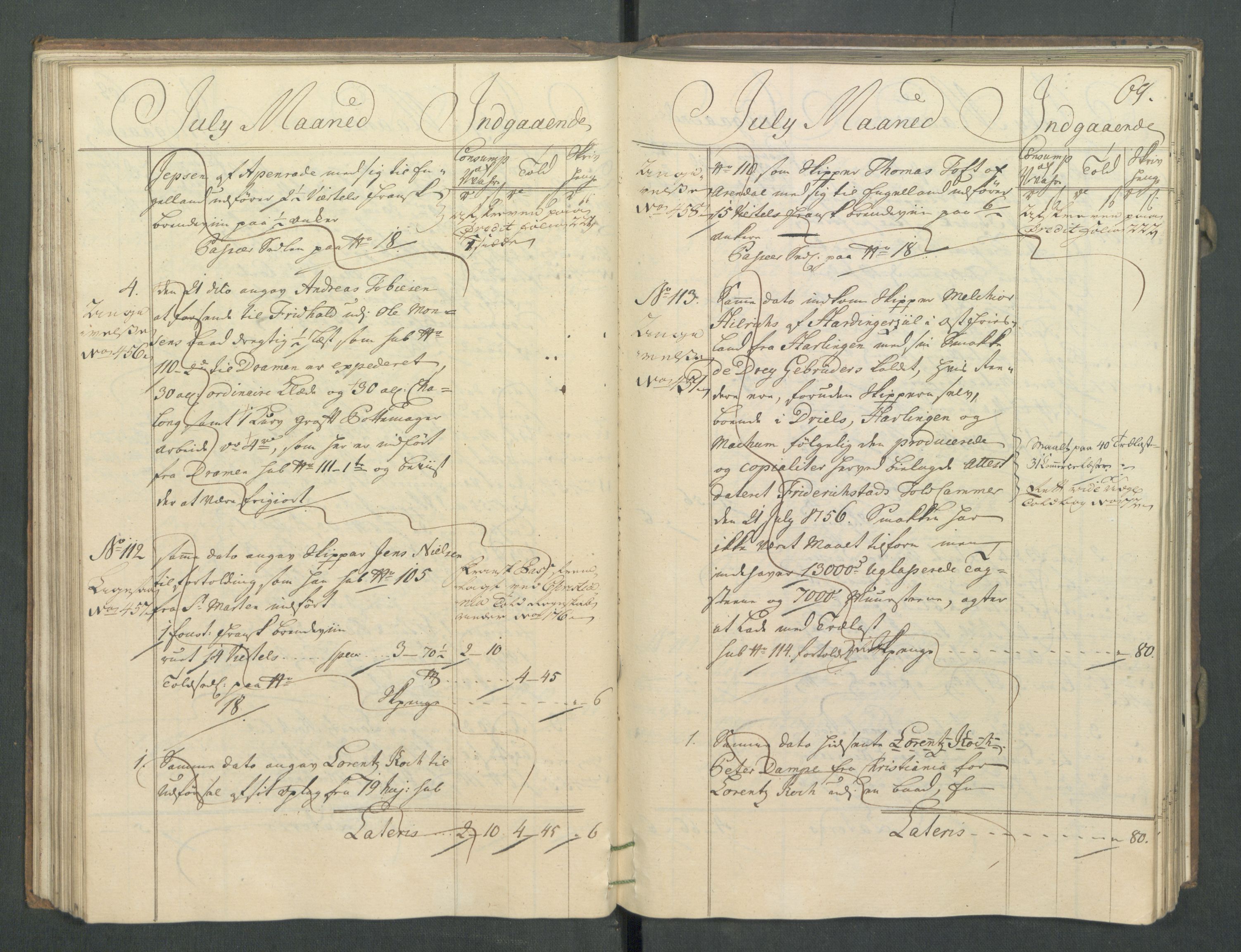 Generaltollkammeret, tollregnskaper, AV/RA-EA-5490/R02/L0022/0001: Tollregnskaper Fredrikstad / Inngående hovedtollbok, 1756, p. 68b-69a