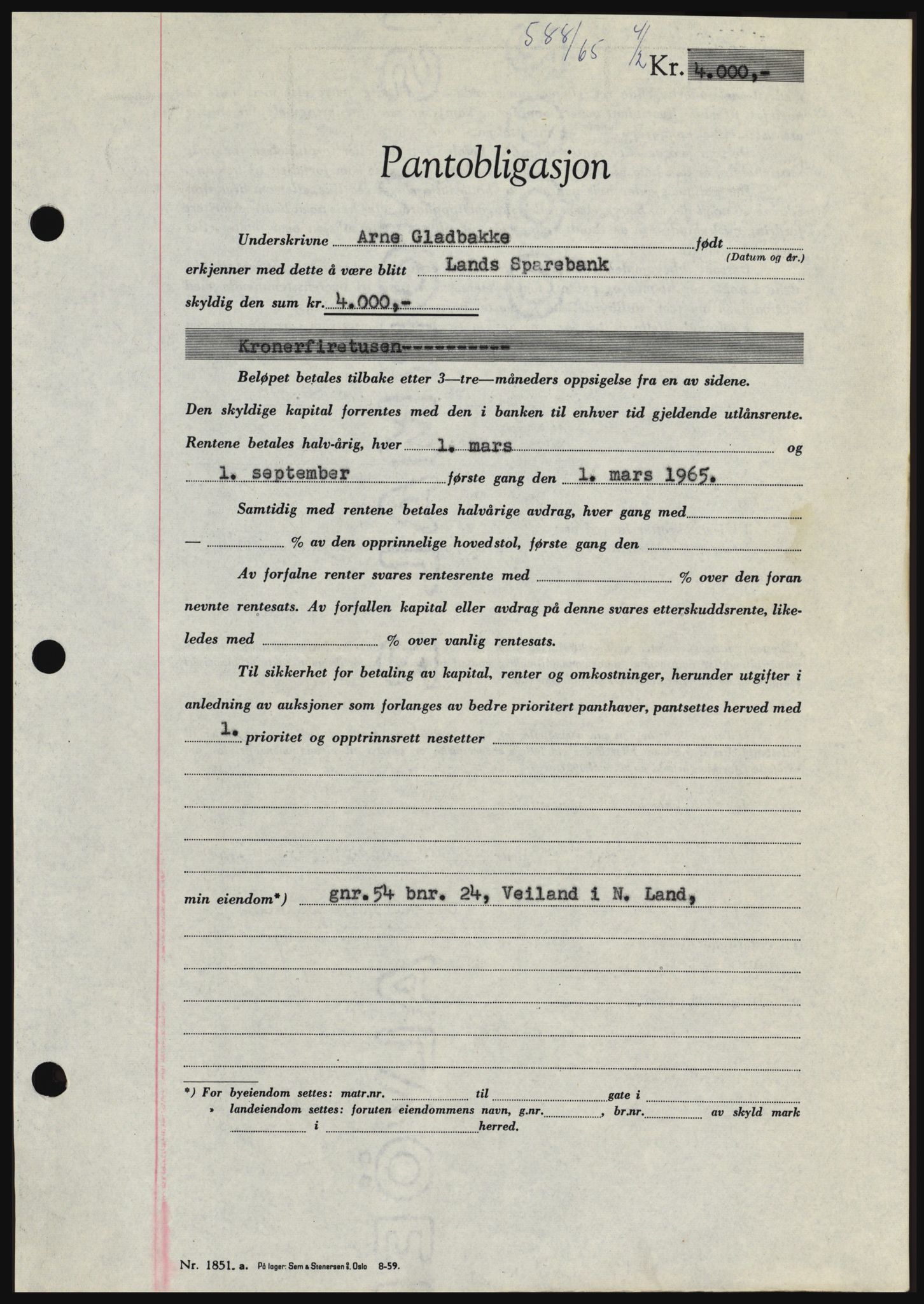 Hadeland og Land tingrett, AV/SAH-TING-010/H/Hb/Hbc/L0057: Mortgage book no. B57, 1964-1965, Diary no: : 588/1965