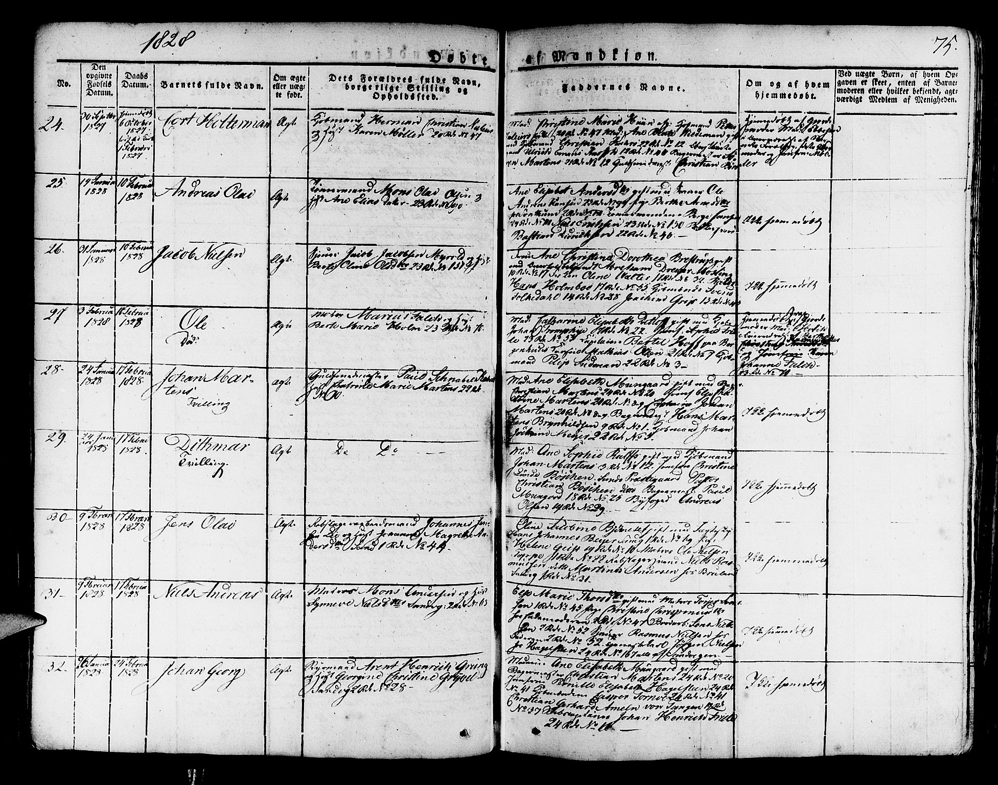 Korskirken sokneprestembete, AV/SAB-A-76101/H/Haa/L0014: Parish register (official) no. A 14, 1823-1835, p. 75