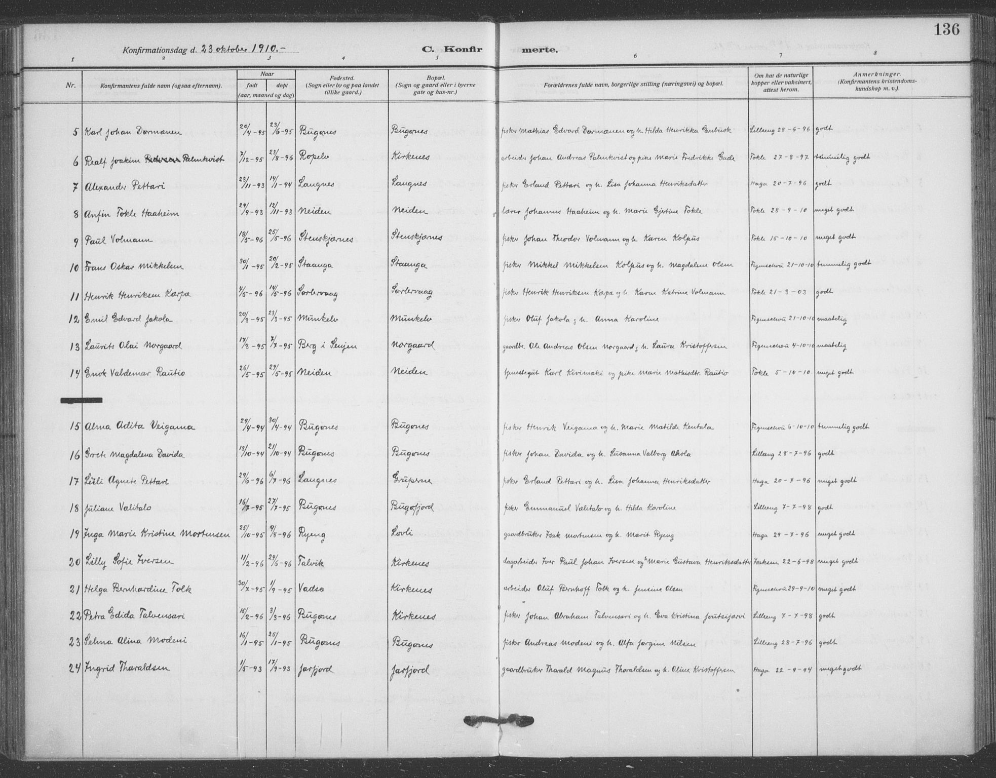 Sør-Varanger sokneprestkontor, SATØ/S-1331/H/Ha/L0005kirke: Parish register (official) no. 5, 1909-1919, p. 136