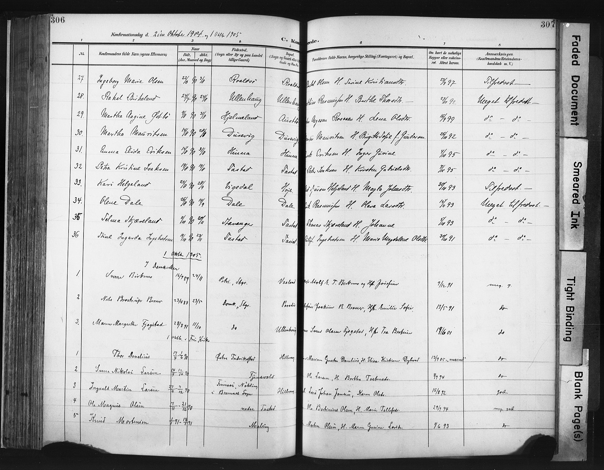 Hetland sokneprestkontor, SAST/A-101826/30/30BA/L0013: Parish register (official) no. A 13, 1904-1918, p. 306-307