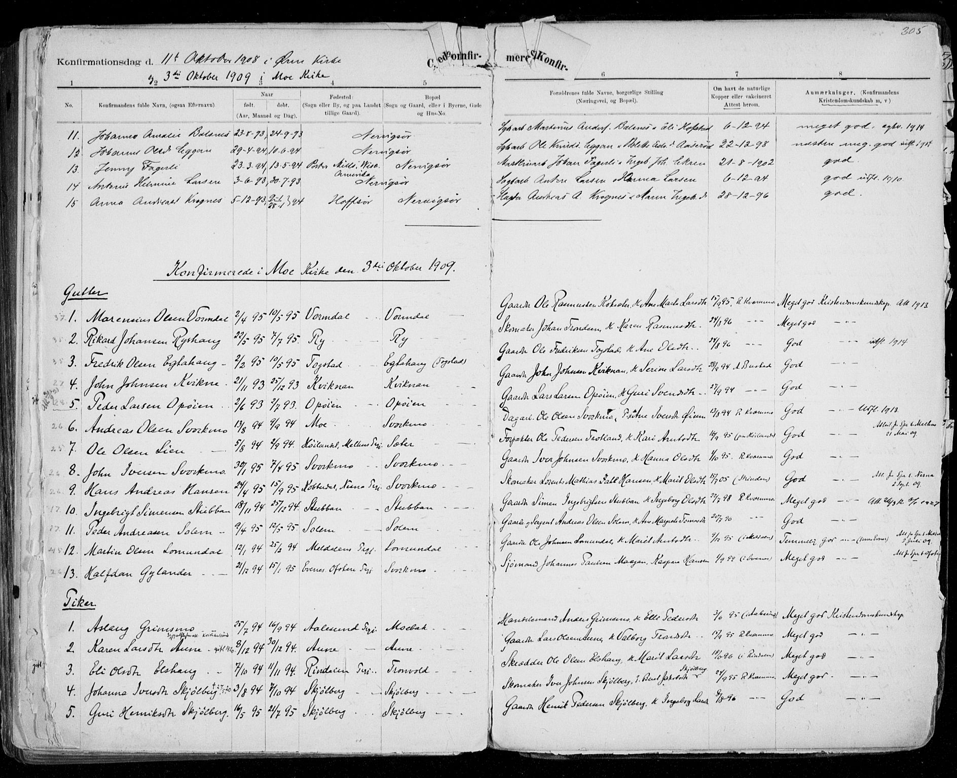 Ministerialprotokoller, klokkerbøker og fødselsregistre - Sør-Trøndelag, SAT/A-1456/668/L0811: Parish register (official) no. 668A11, 1894-1913, p. 305