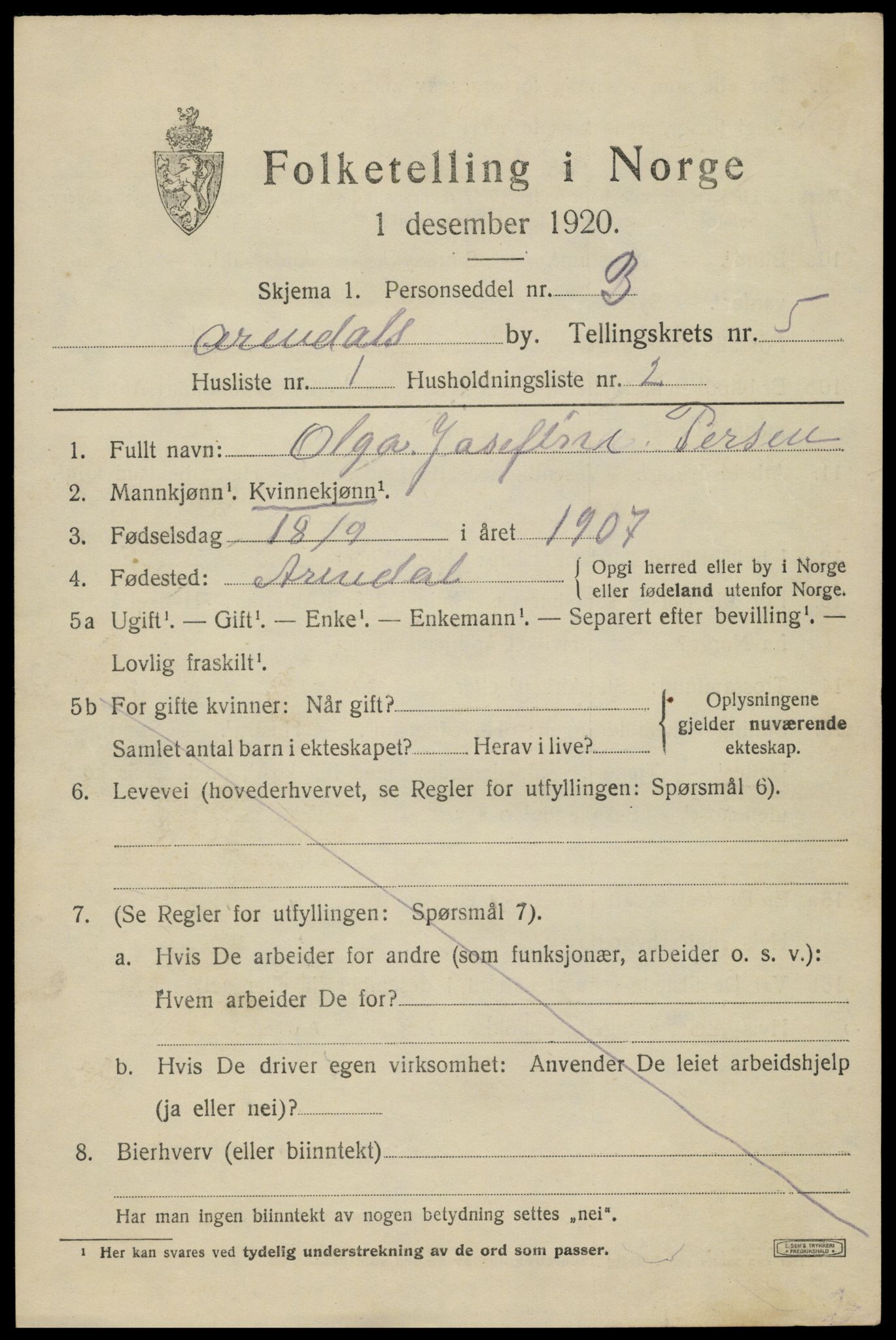 SAK, 1920 census for Arendal, 1920, p. 12452