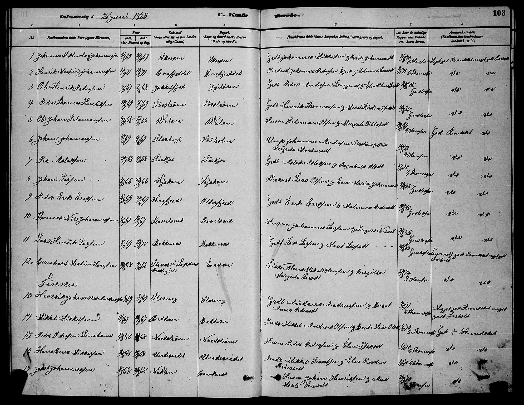 Skjervøy sokneprestkontor, AV/SATØ-S-1300/H/Ha/Hab/L0015klokker: Parish register (copy) no. 15, 1878-1890, p. 103