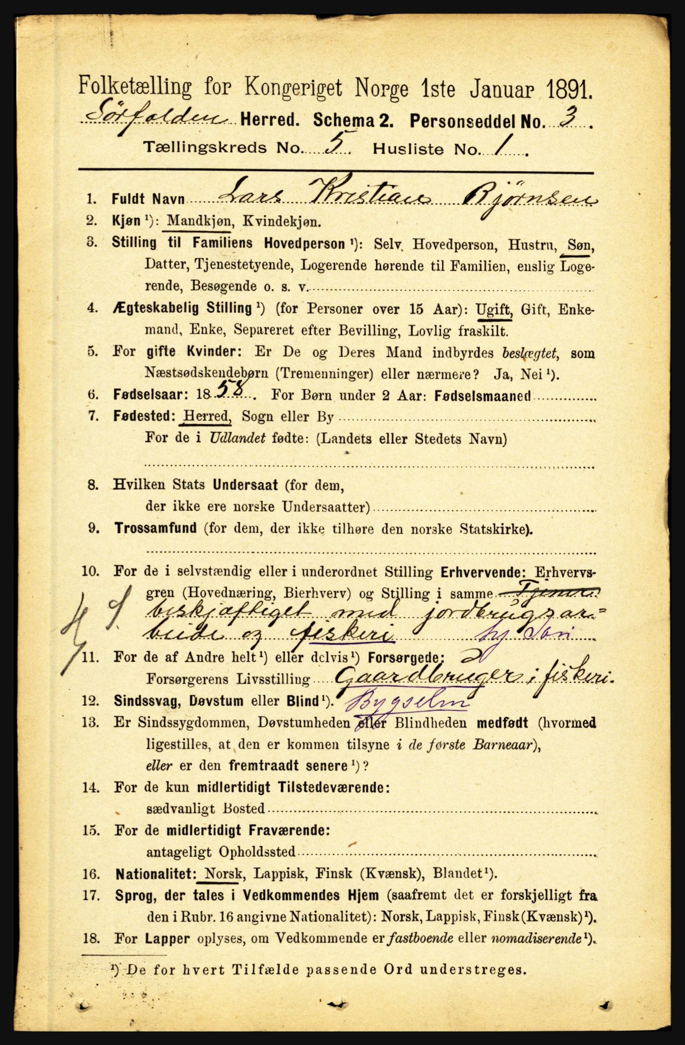 RA, 1891 census for 1845 Sørfold, 1891, p. 1364